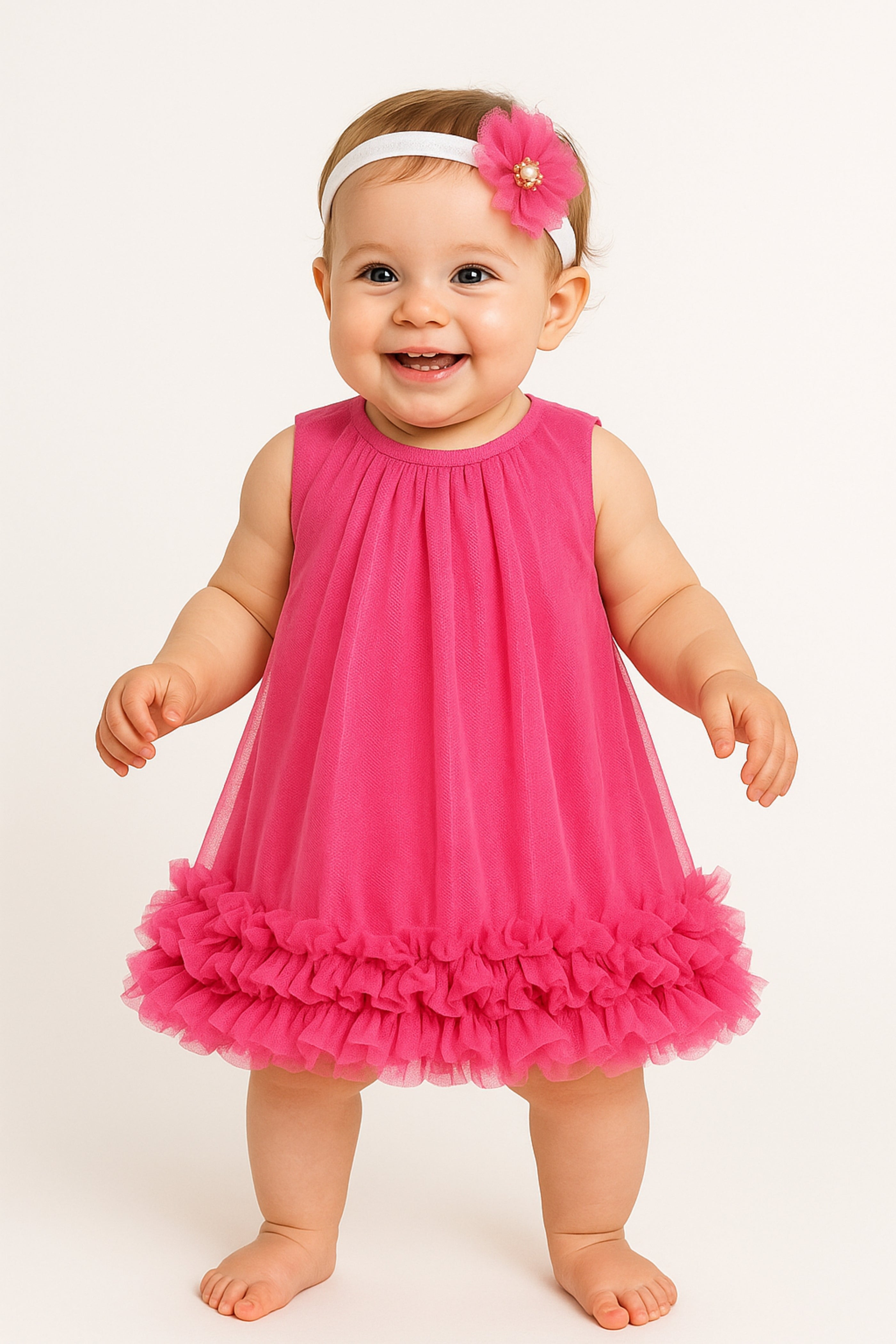 Abito Neonata Fucsia Tulle e Rouche