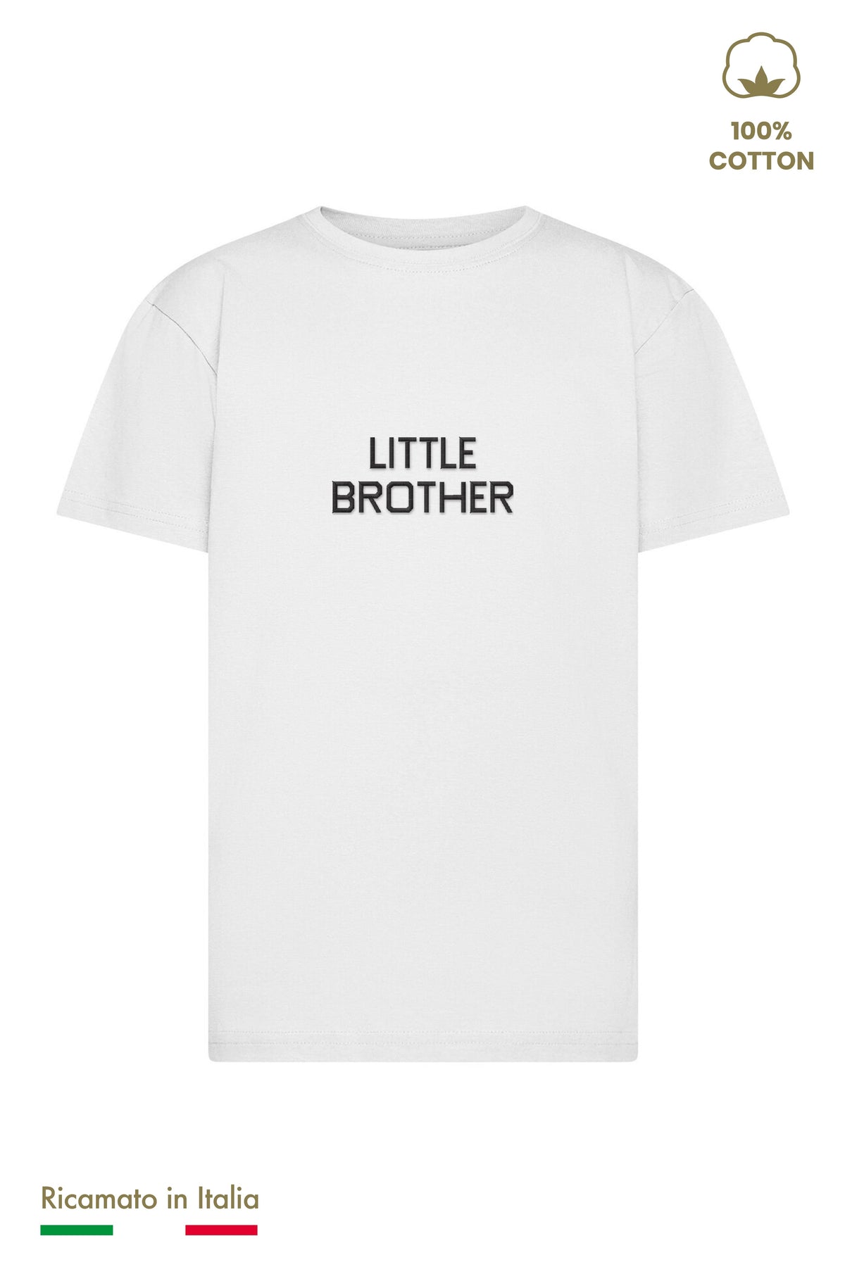 T-shirt bambino bianca con ricamo LITTLE BROTHER nero, vista frontale