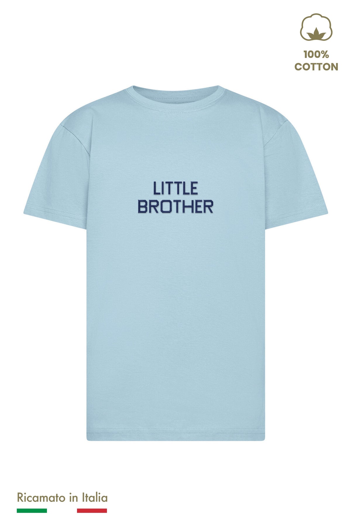 T-shirt bambino azzurra con ricamo LITTLE BROTHER blu navy, vista frontale