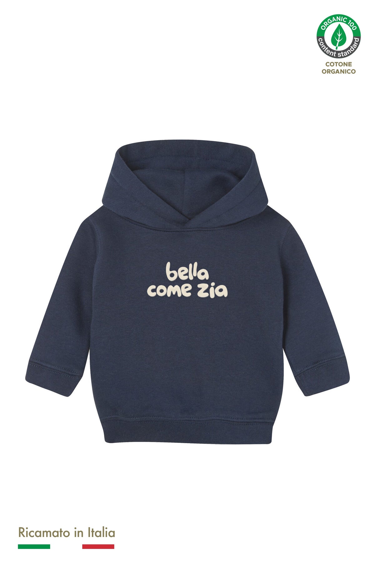 Felpa con cappuccio neonata blu navy con ricamo panna "bella come zia", vista frontale