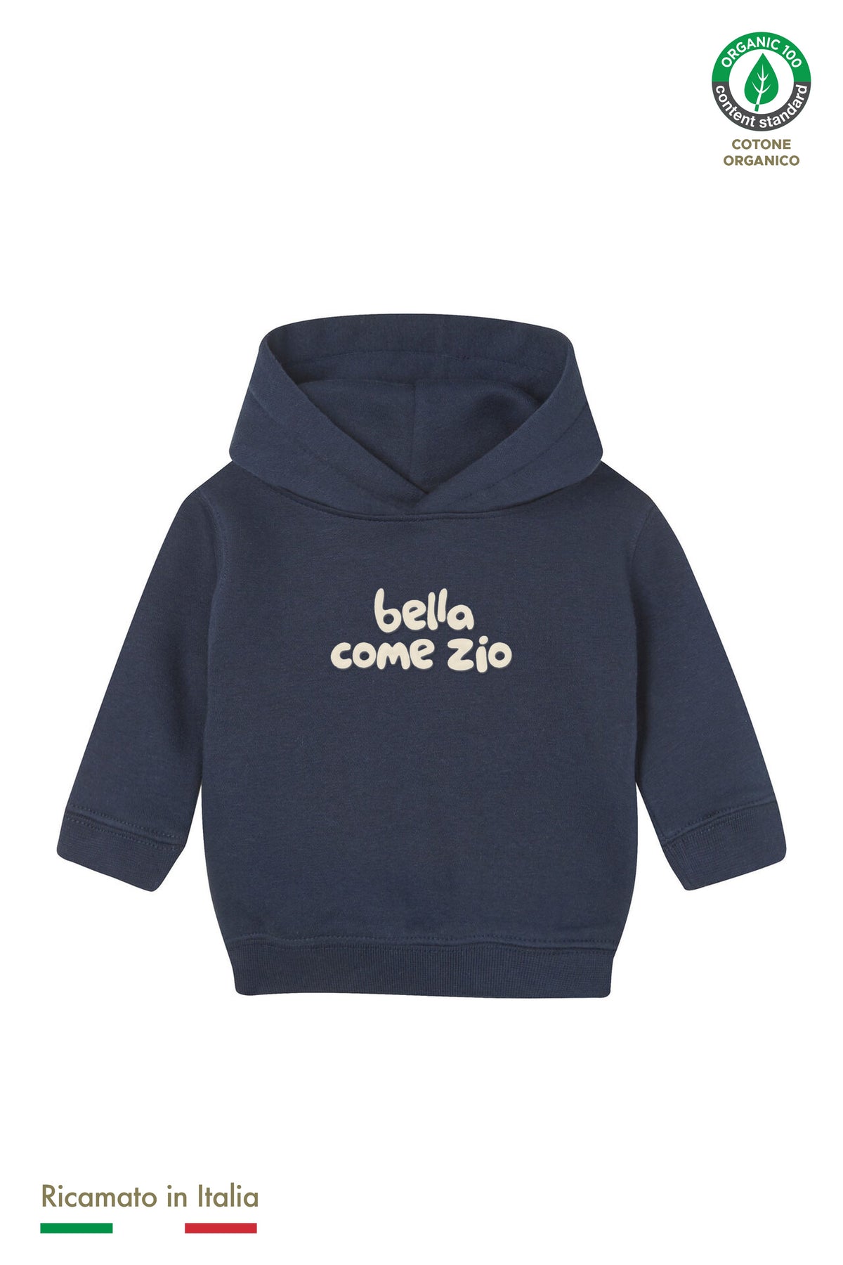 Felpa con cappuccio neonata blu navy con ricamo panna "bella come zio", vista frontale
