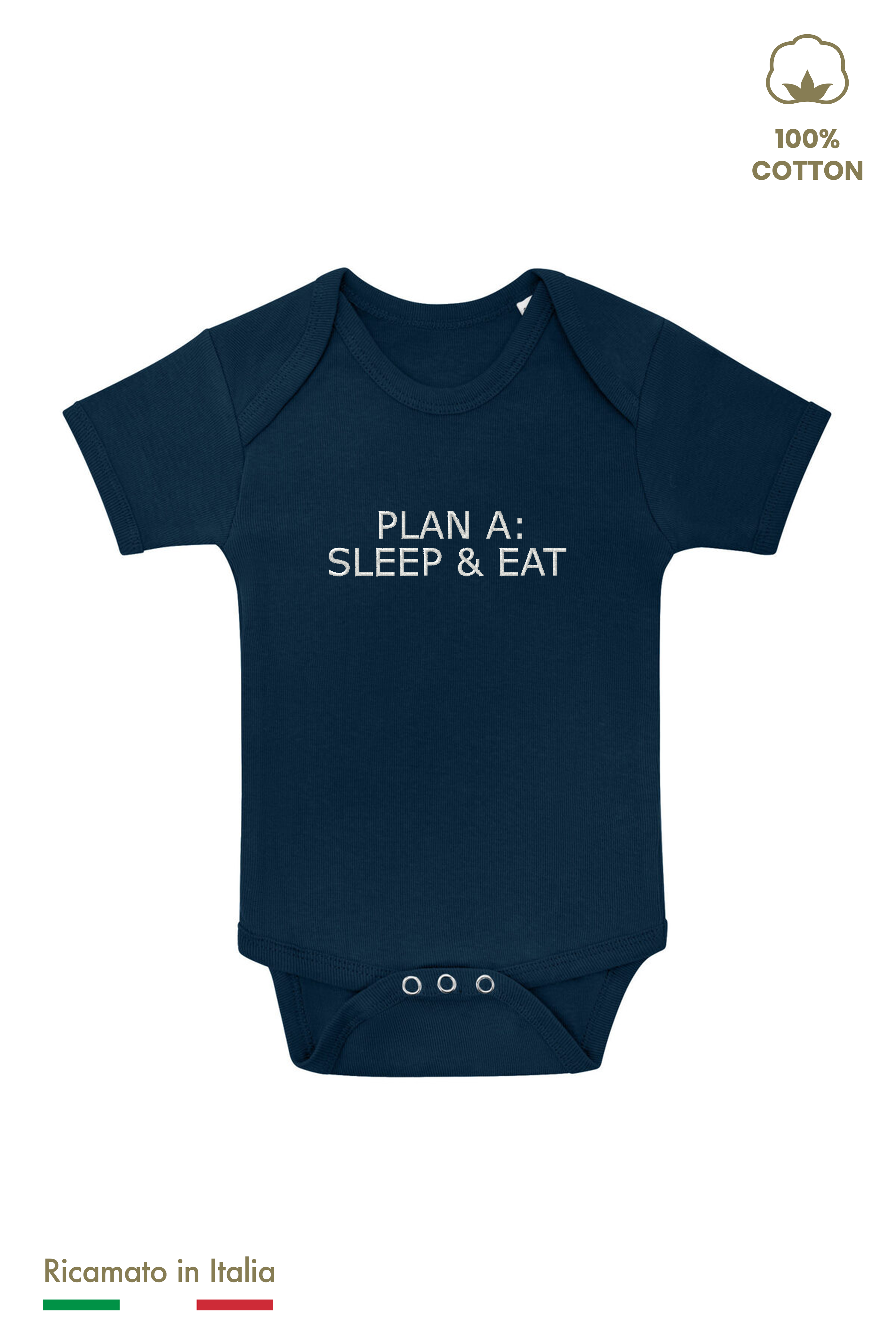 Body neonato blu navy con ricamo Plan A: Sleep & Eat in filo panna