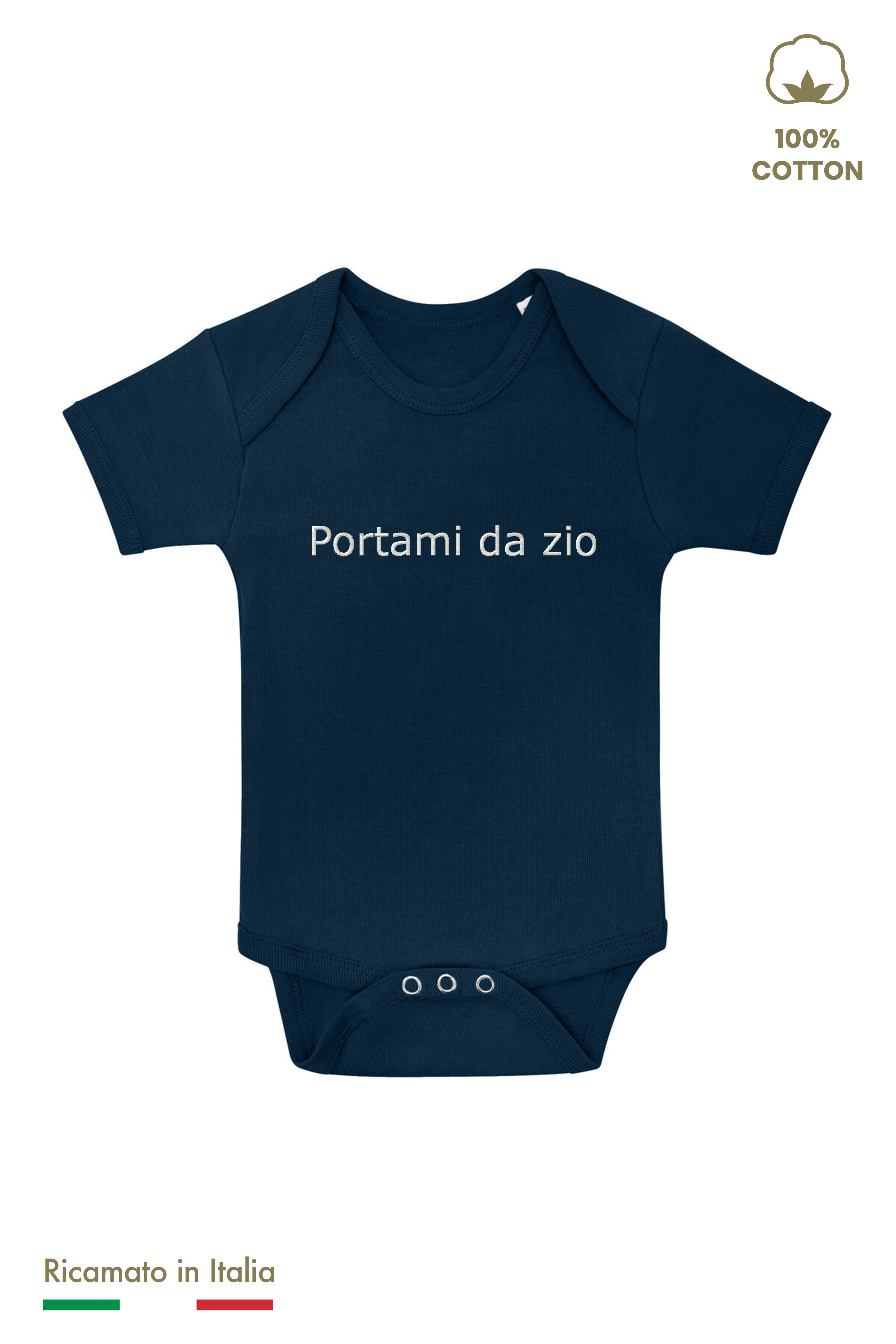 Body neonato blu navy con ricamo "Portami da zio" in filo panna, vista frontale