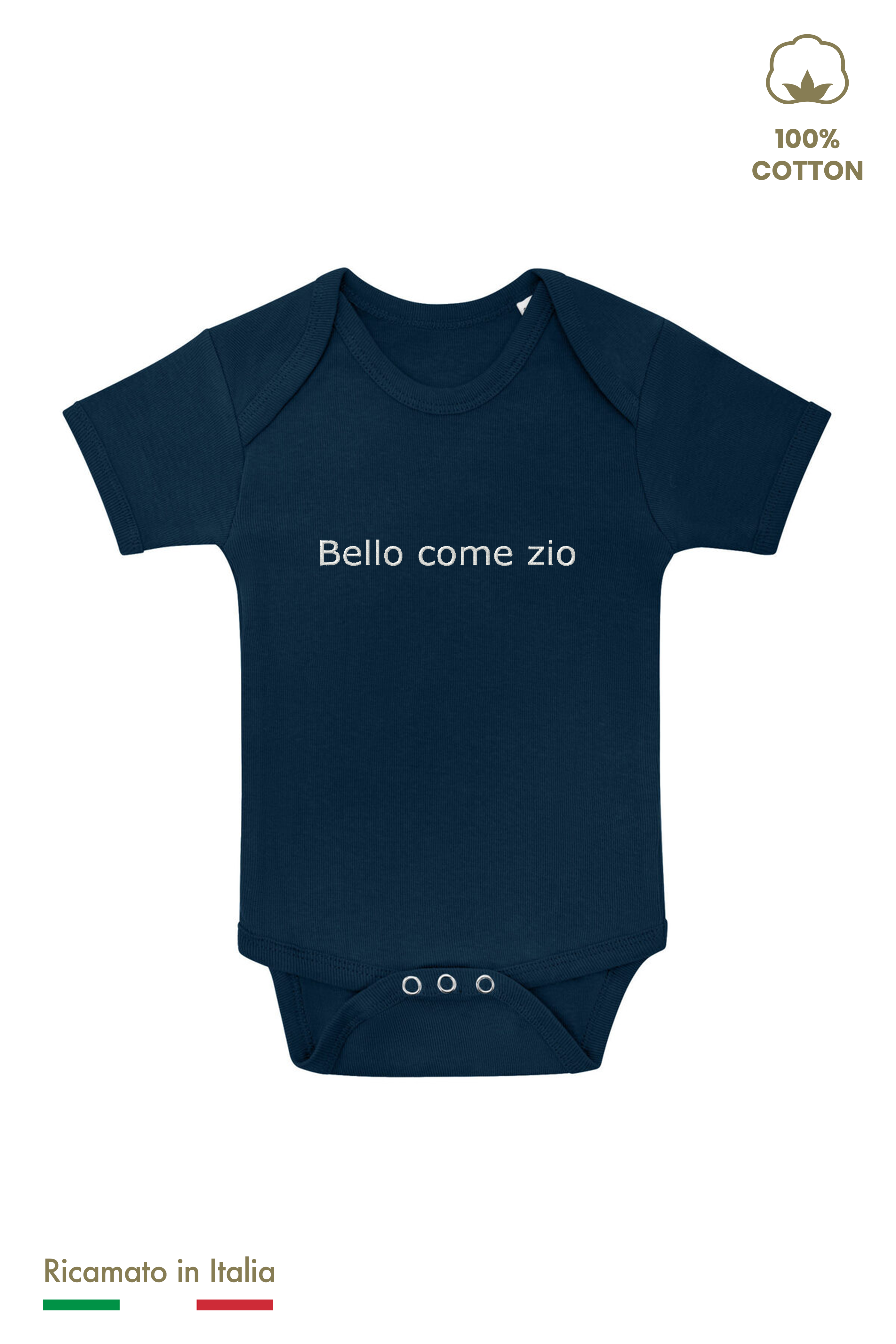 Body neonato blu navy con ricamo bianco "Bello come zio", 100% cotone, vista frontale