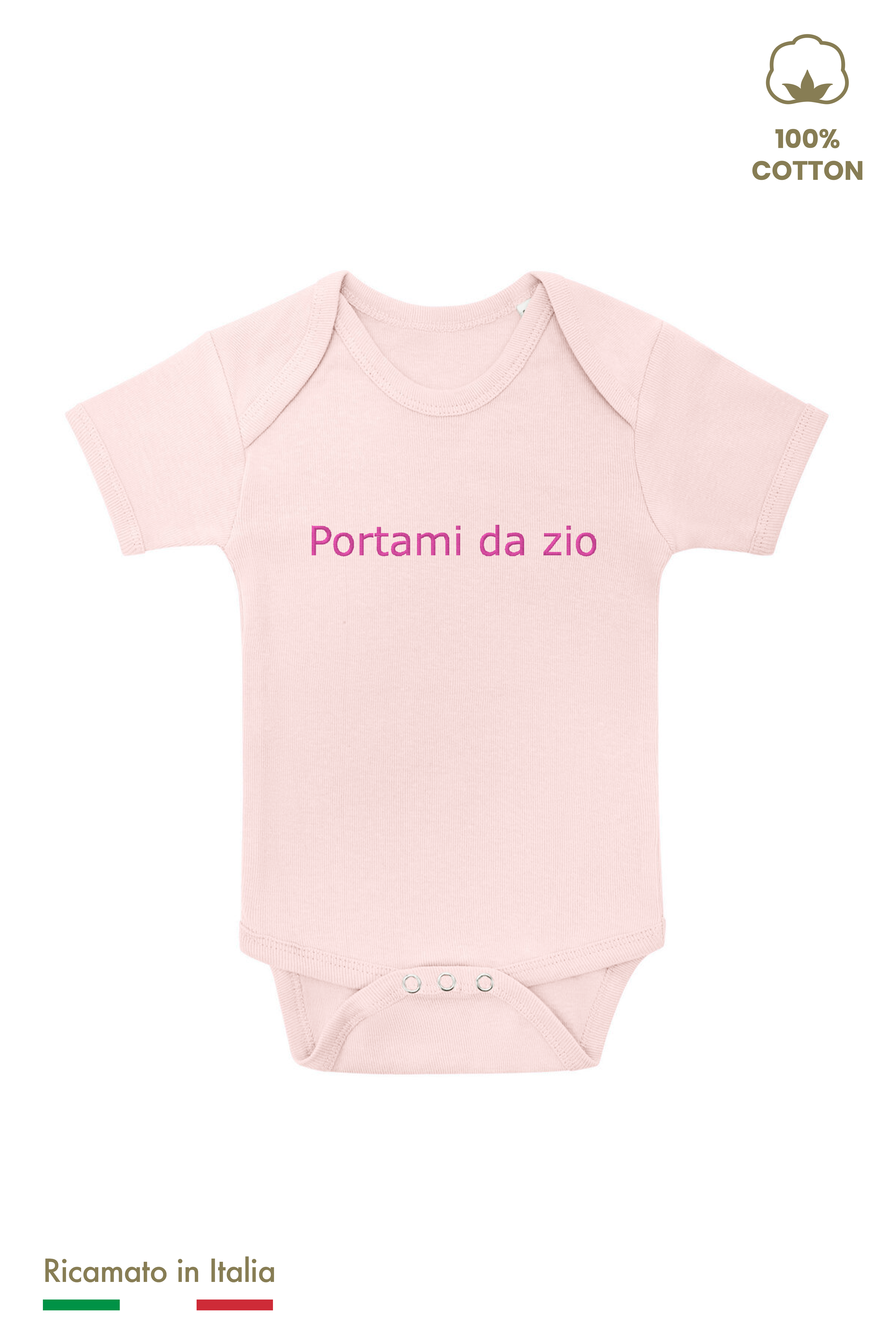 Body neonato rosato con ricamo "Portami da zio" in filo fucsia, vista frontale