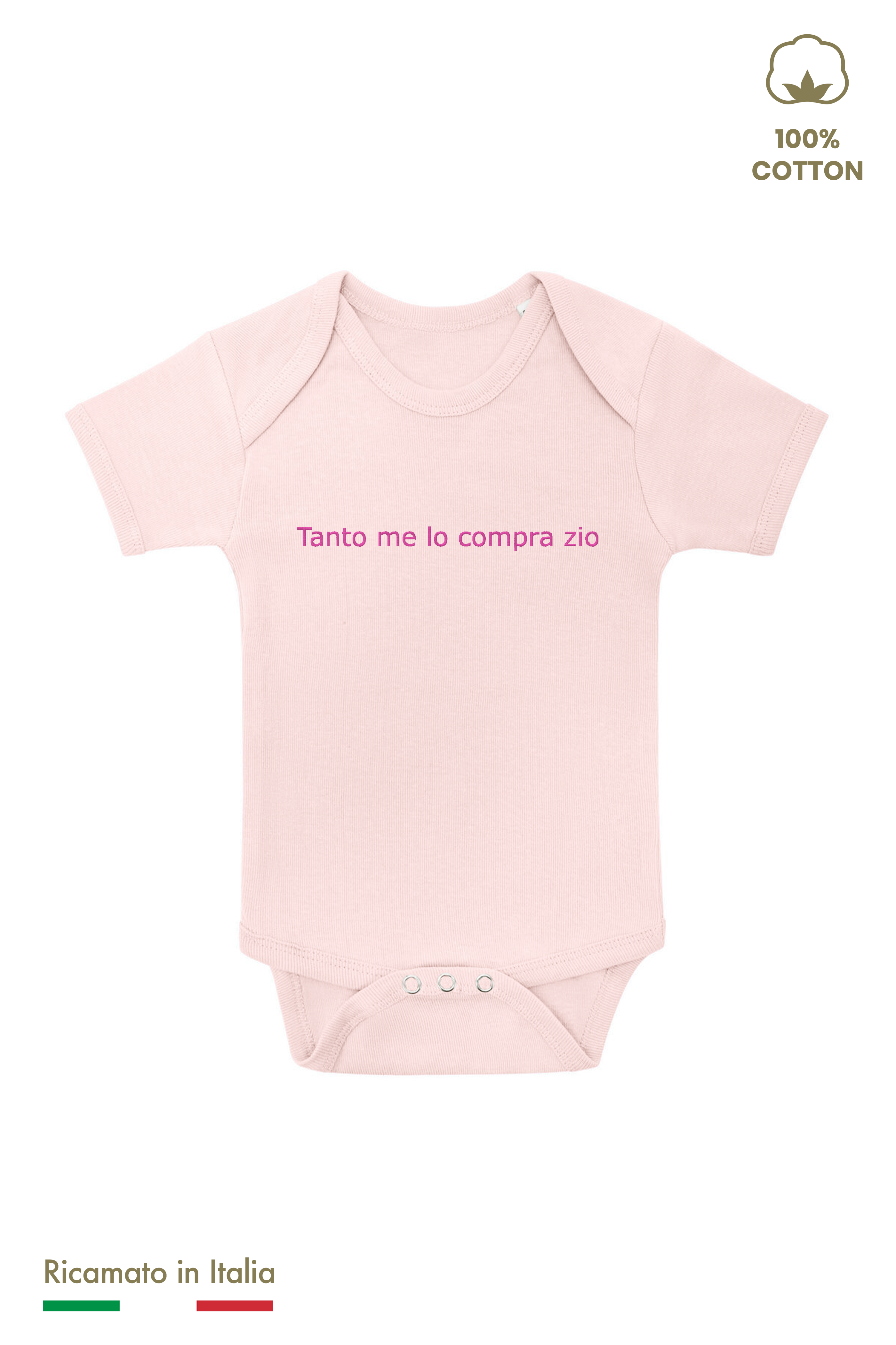 Body neonato rosato con ricamo Tanto me lo compra zio in filo fucsia