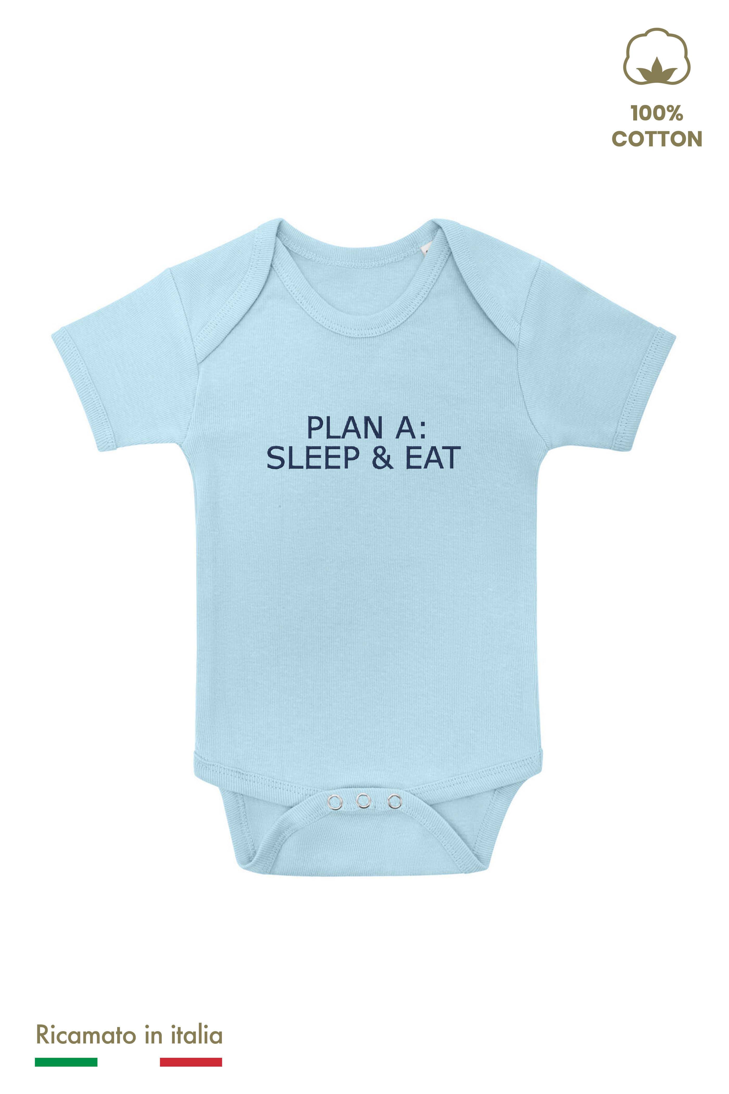 Body neonato azzurro con ricamo Plan A: Sleep & Eat in filo blu navy
