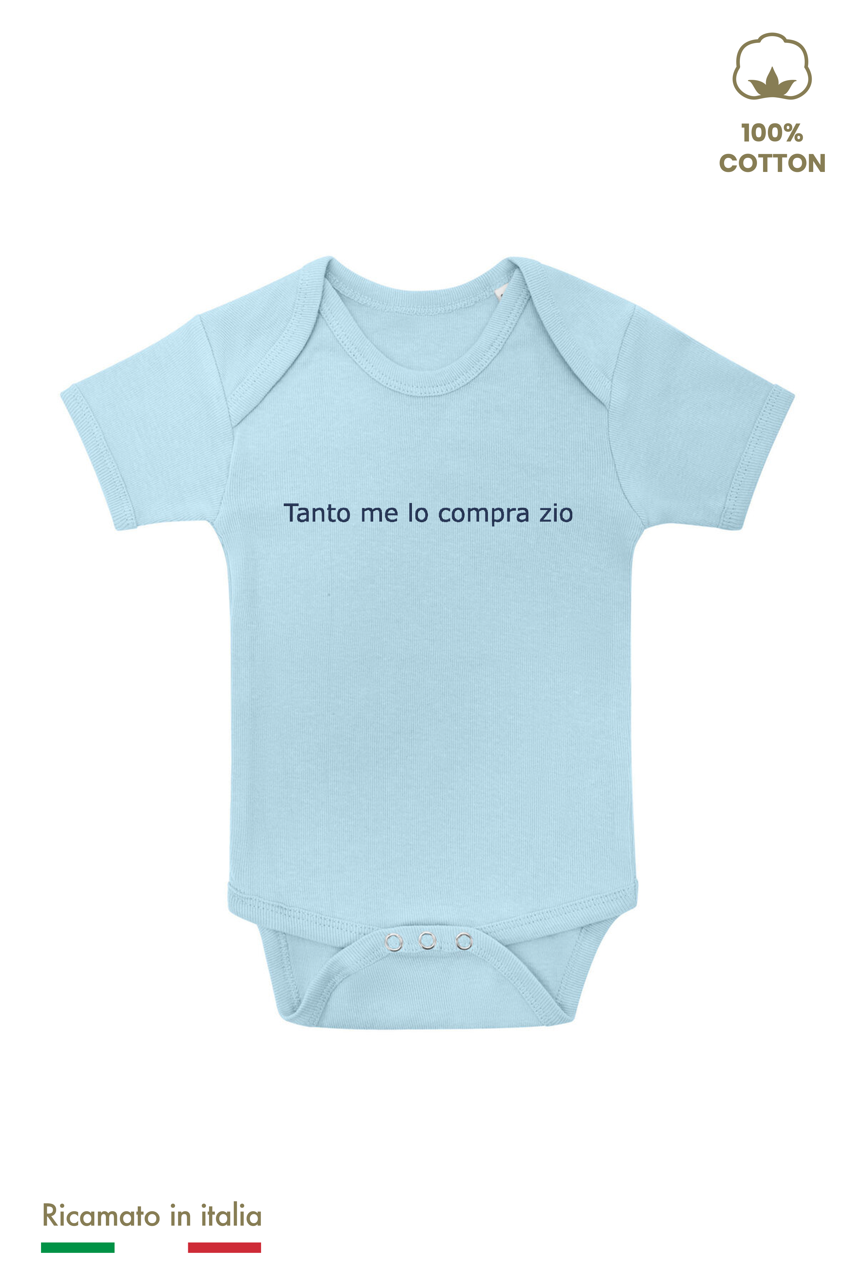 Body neonato azzurro polvere con ricamo Tanto me lo compra zio in filo blu navy