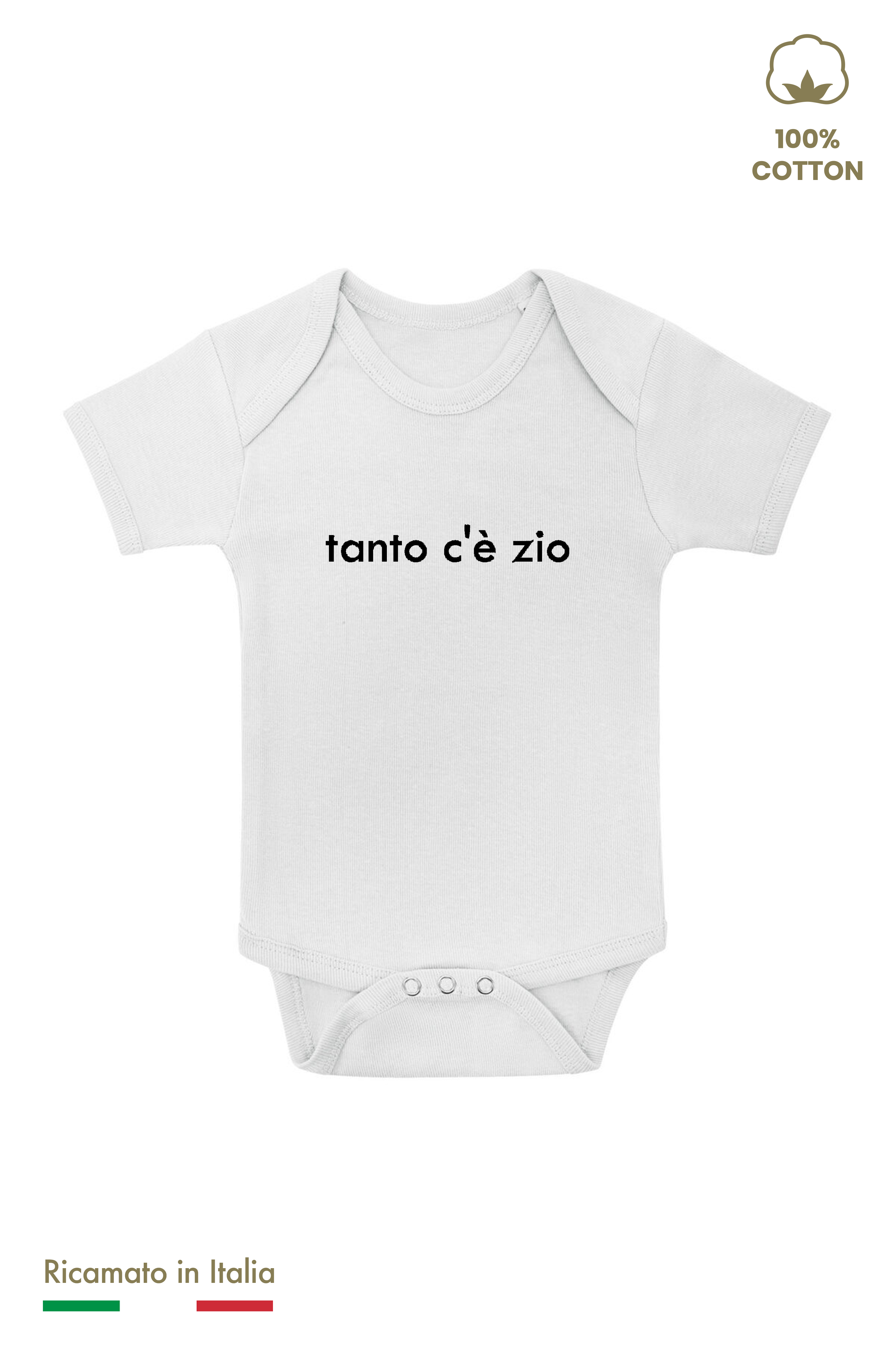 Body neonato bianco con ricamo nero "tanto c'è zio", 100% cotone, vista frontale