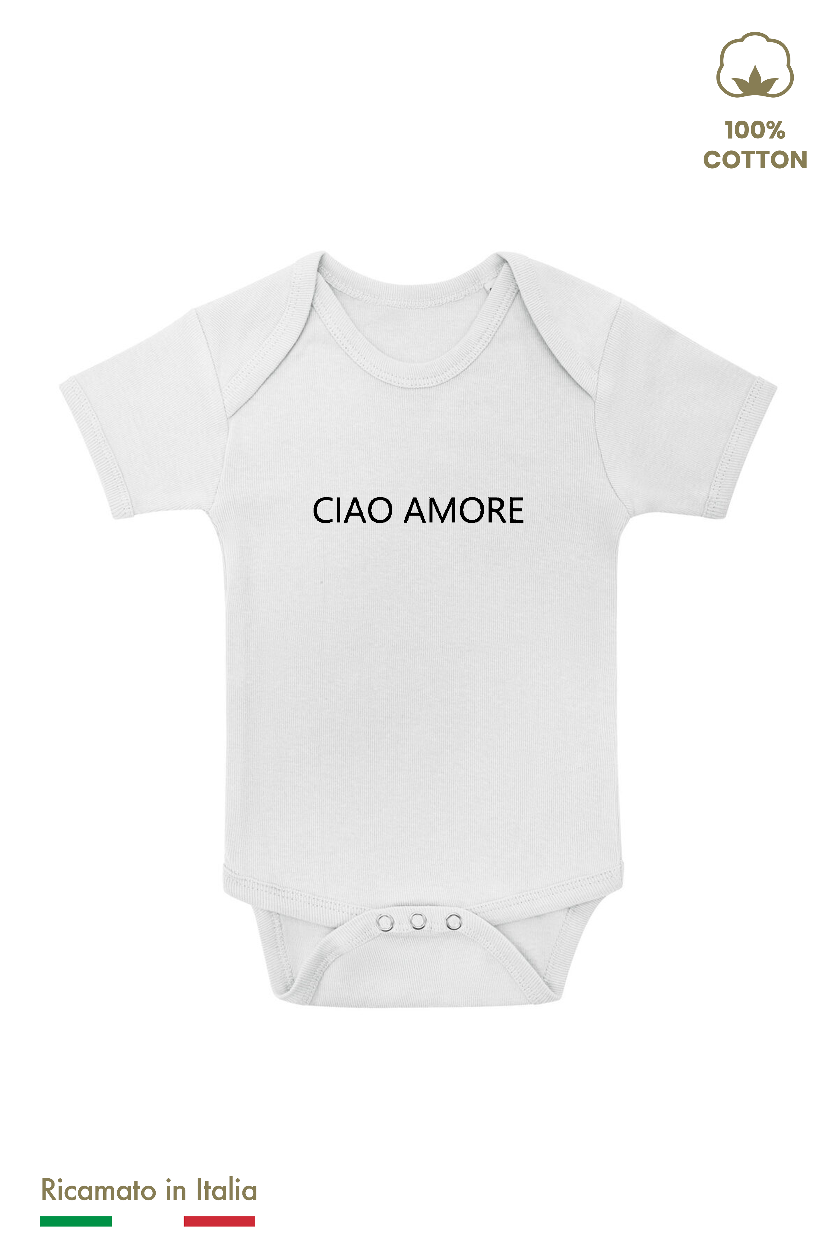 Body ricamato neonato bianco con scritta Ciao Amore ricamata in filo nero, vista frontale