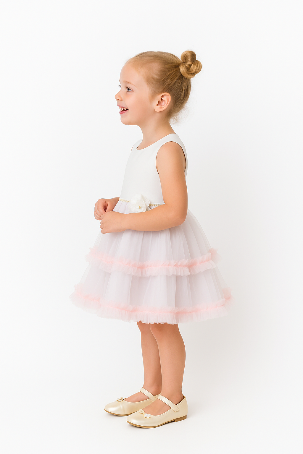 Abito Bambina Bianco Balze e Volume