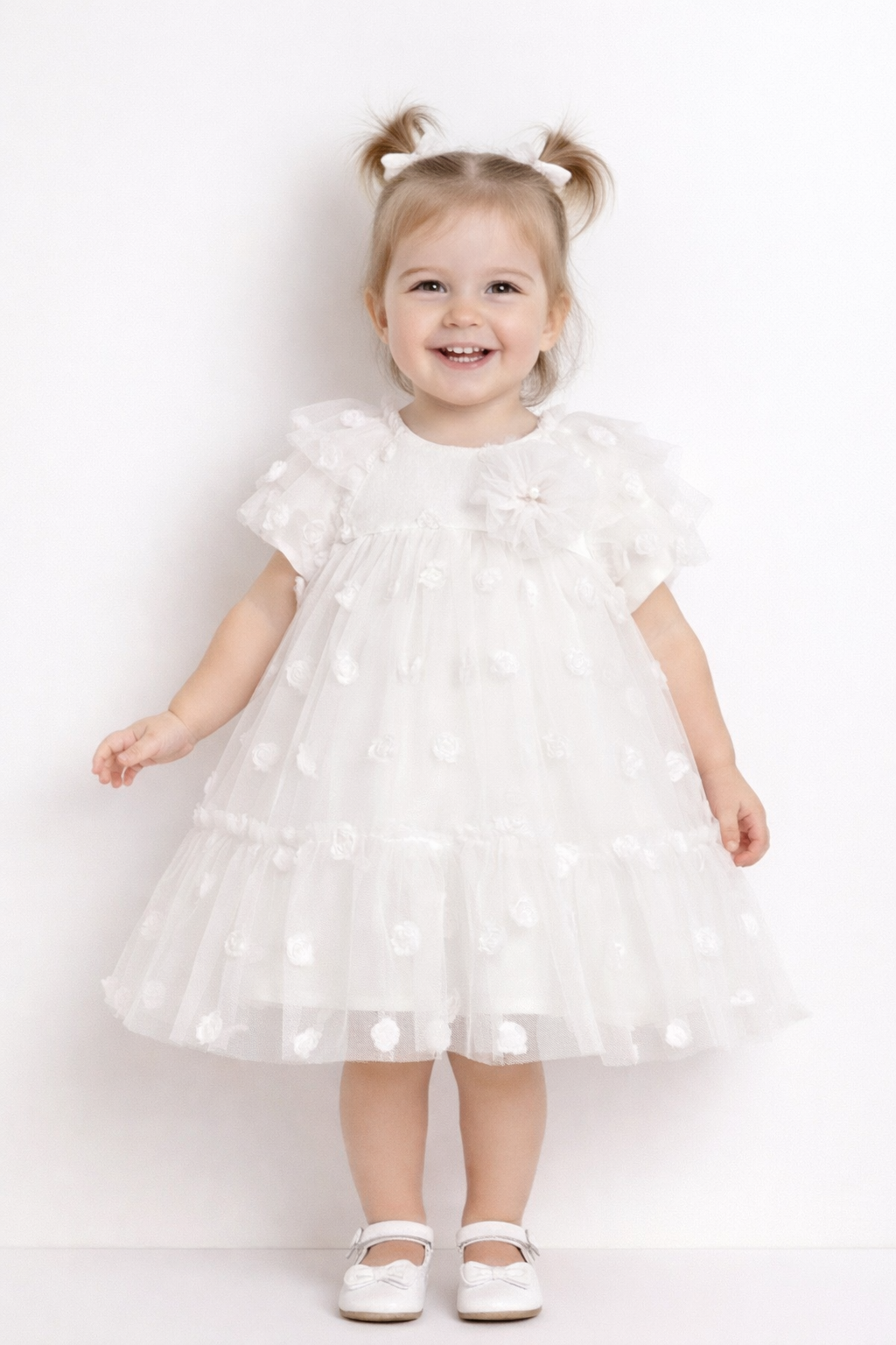 Abito Neonata Tulle Roselline Bianco