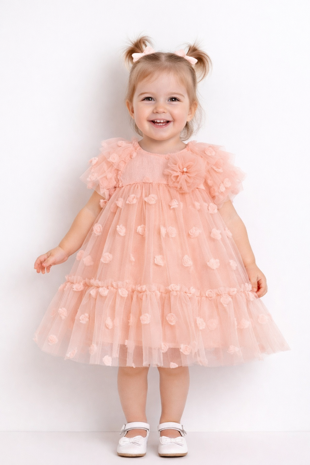 Abito Neonata Tulle Roselline Pesca