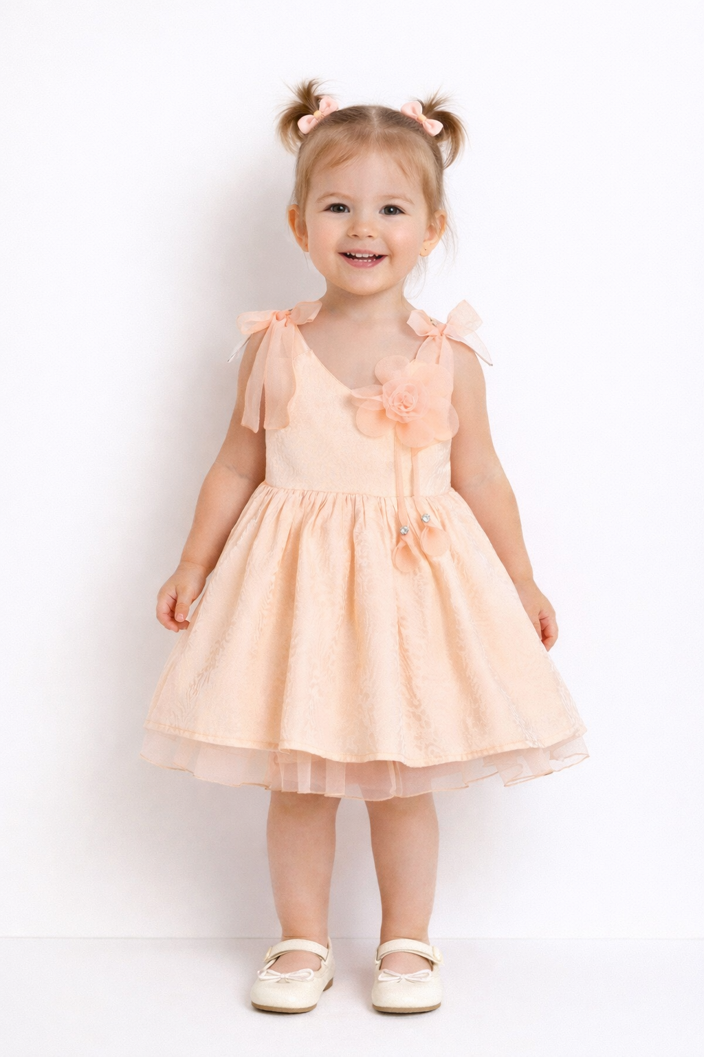 Abito Bambina Tulle e Fiocchi Pesca