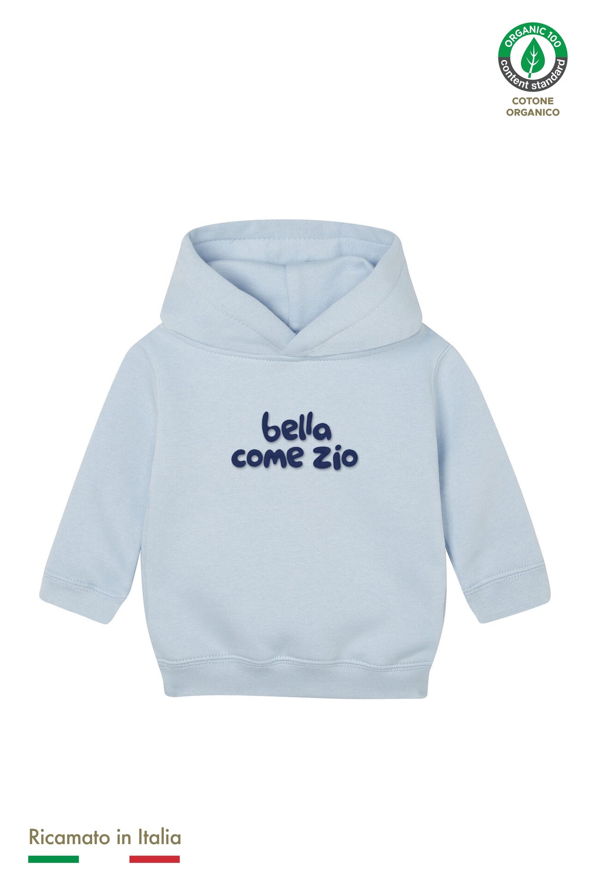 Felpa con cappuccio neonata azzurro polvere con ricamo blu navy "bella come zio", vista frontale