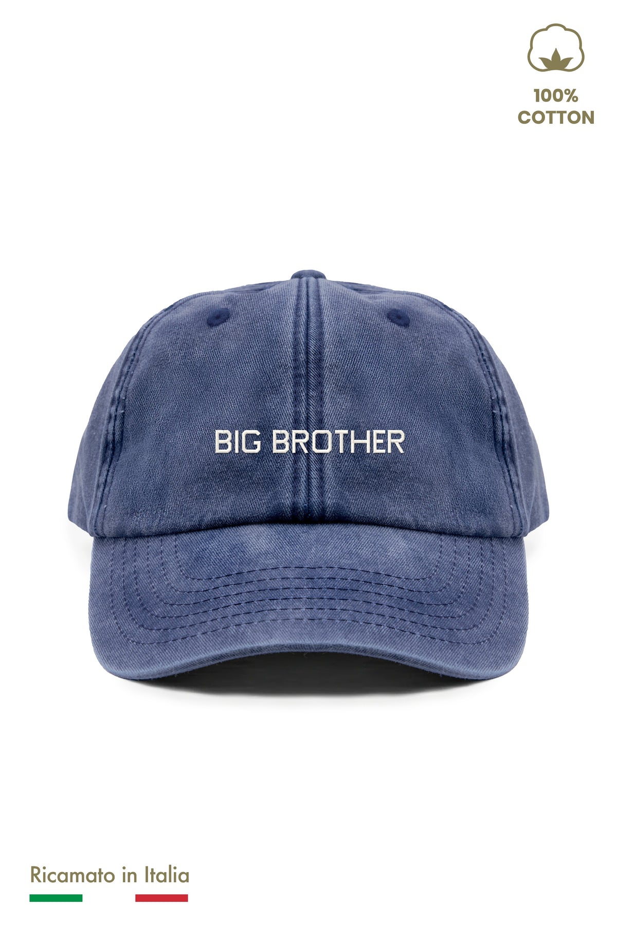 Cappellino vintage bambino blu navy con ricamo BIG BROTHER panna, vista frontale