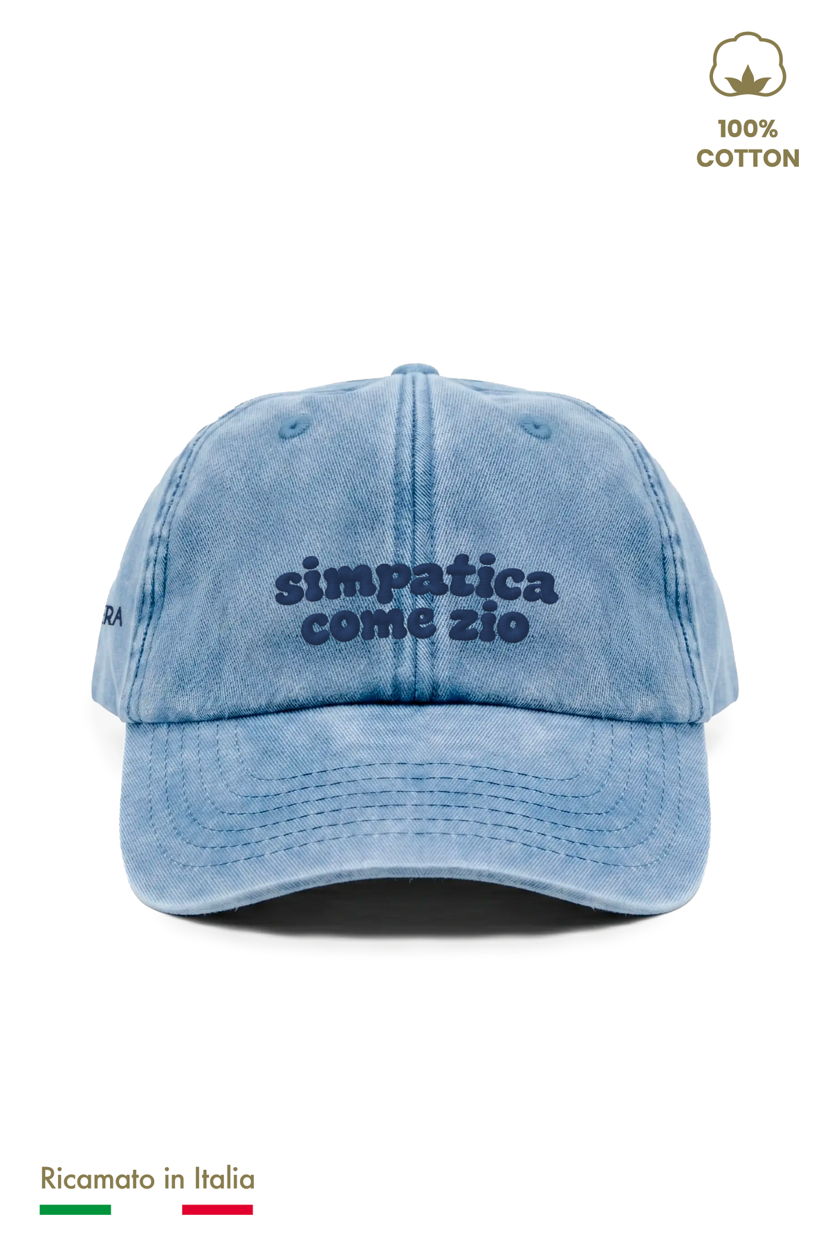 Cappellino vintage bambina azzurro denim con ricamo blu scuro "simpatica come zio" - vista frontale