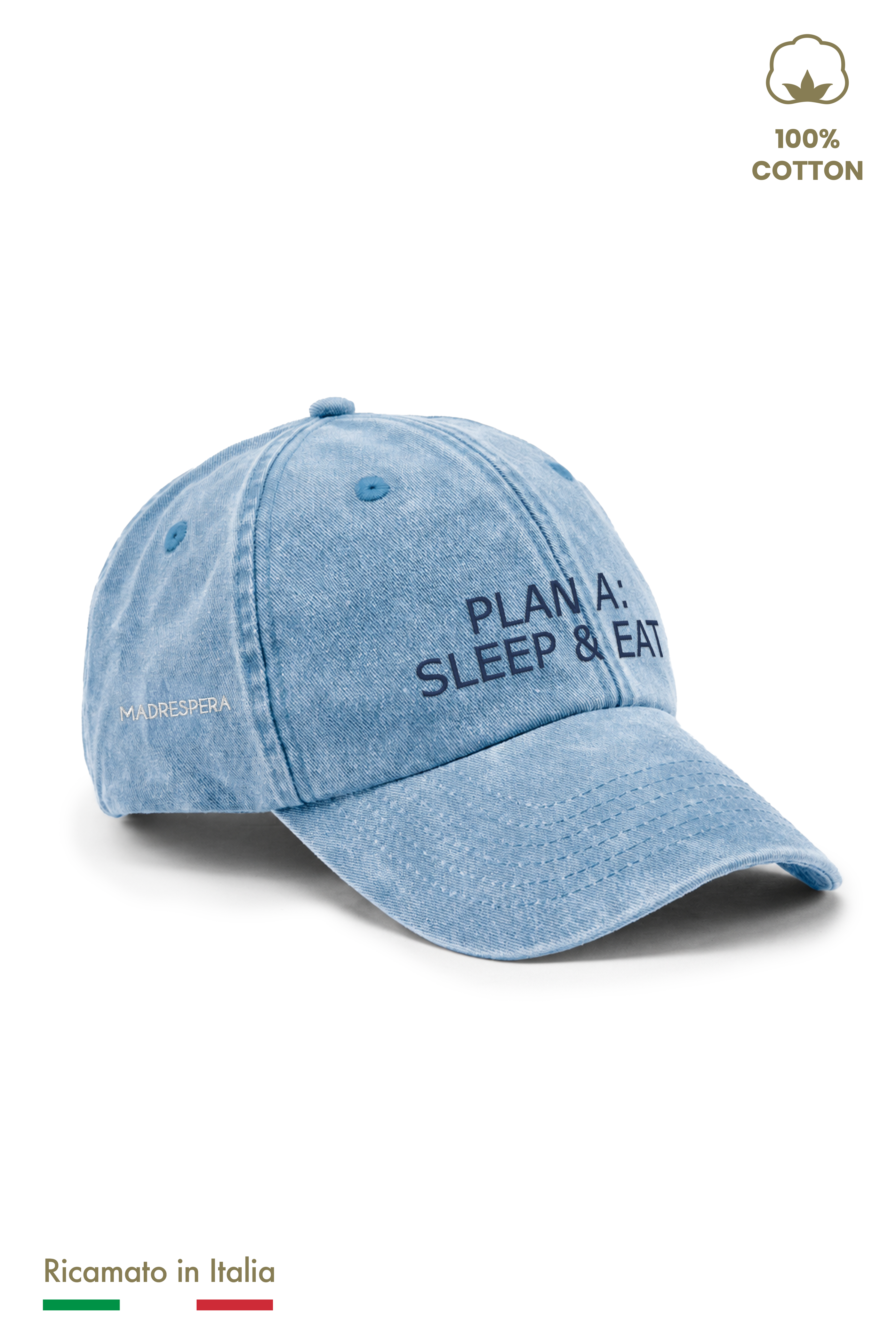 Cappellino vintage azzurro denim con logo MADRESPERA ricamato sul lato