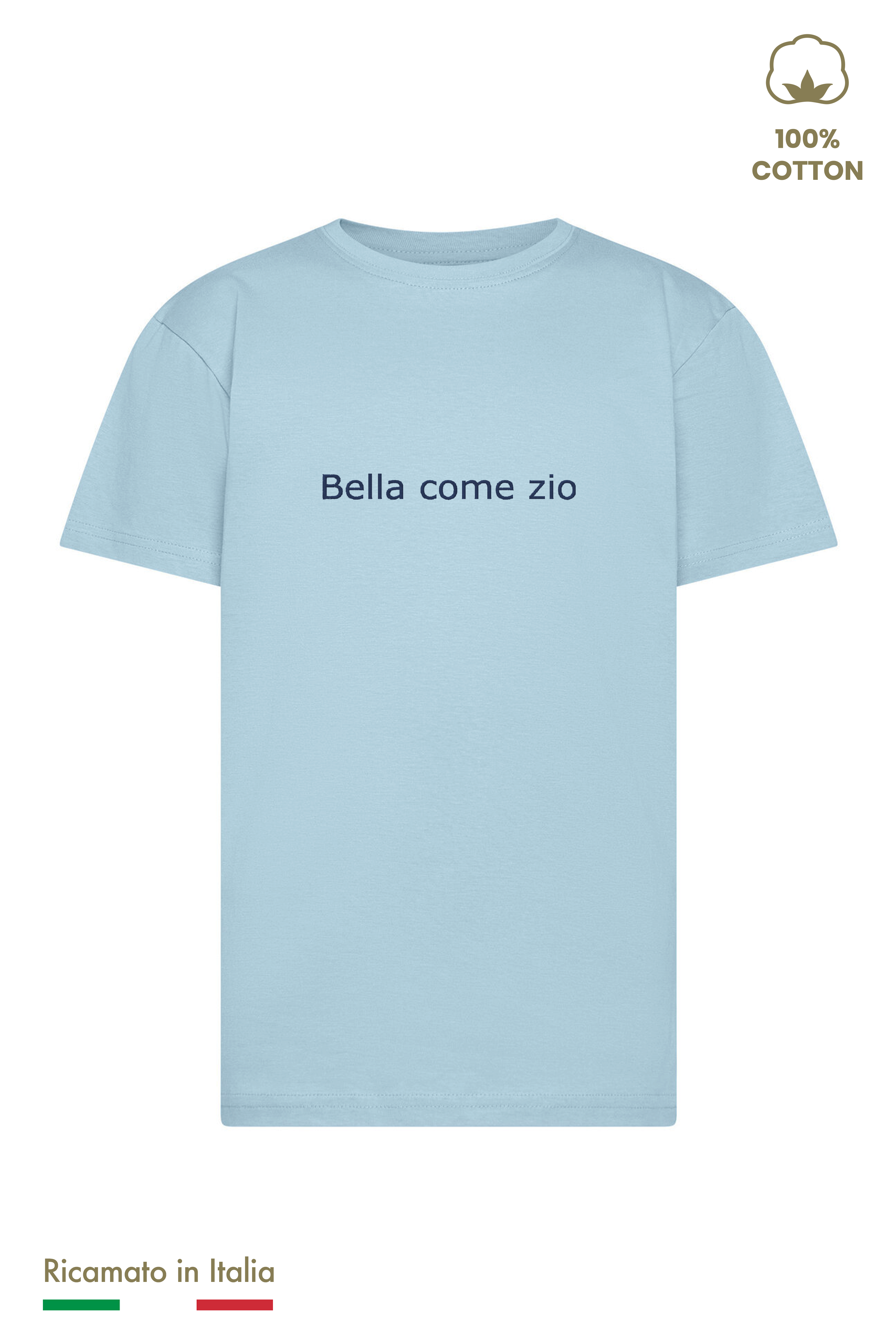 T-shirt bambina azzurra con ricamo blu navy "Bella come zio", 100% cotone, vista frontale