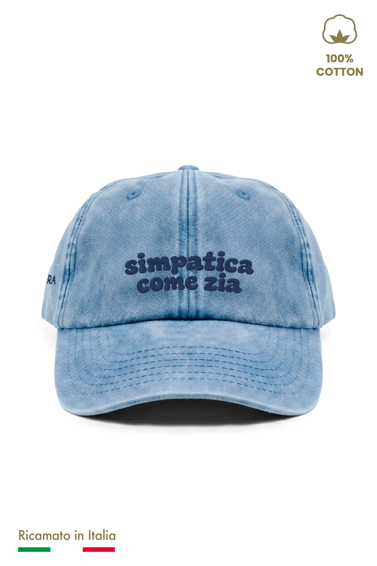 Cappellino vintage bambina azzurro denim con ricamo blu scuro "simpatica come zia" - vista frontale