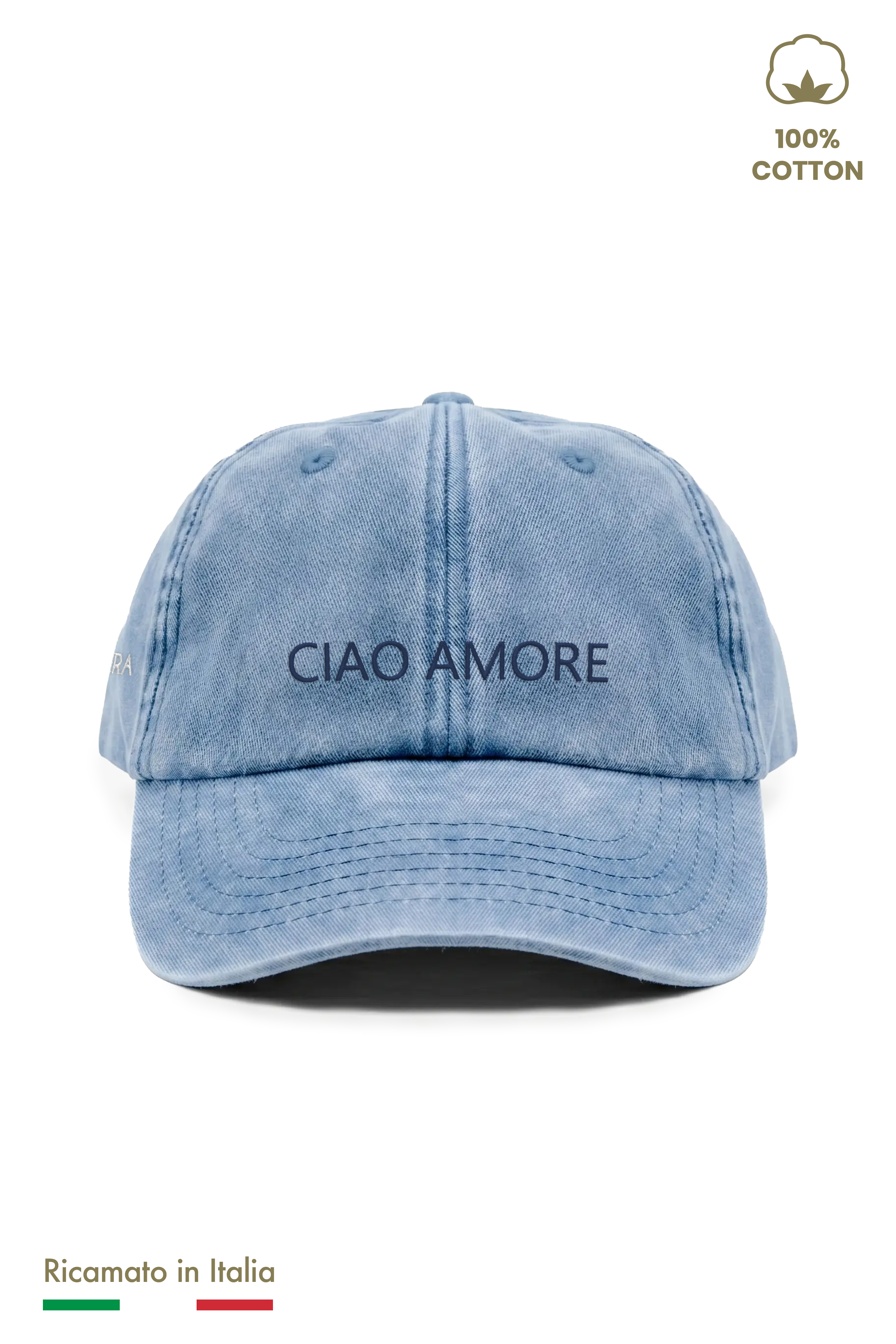 Cappellino ricamato bambino vintage azzurro denim con scritta CIAO AMORE, vista frontale