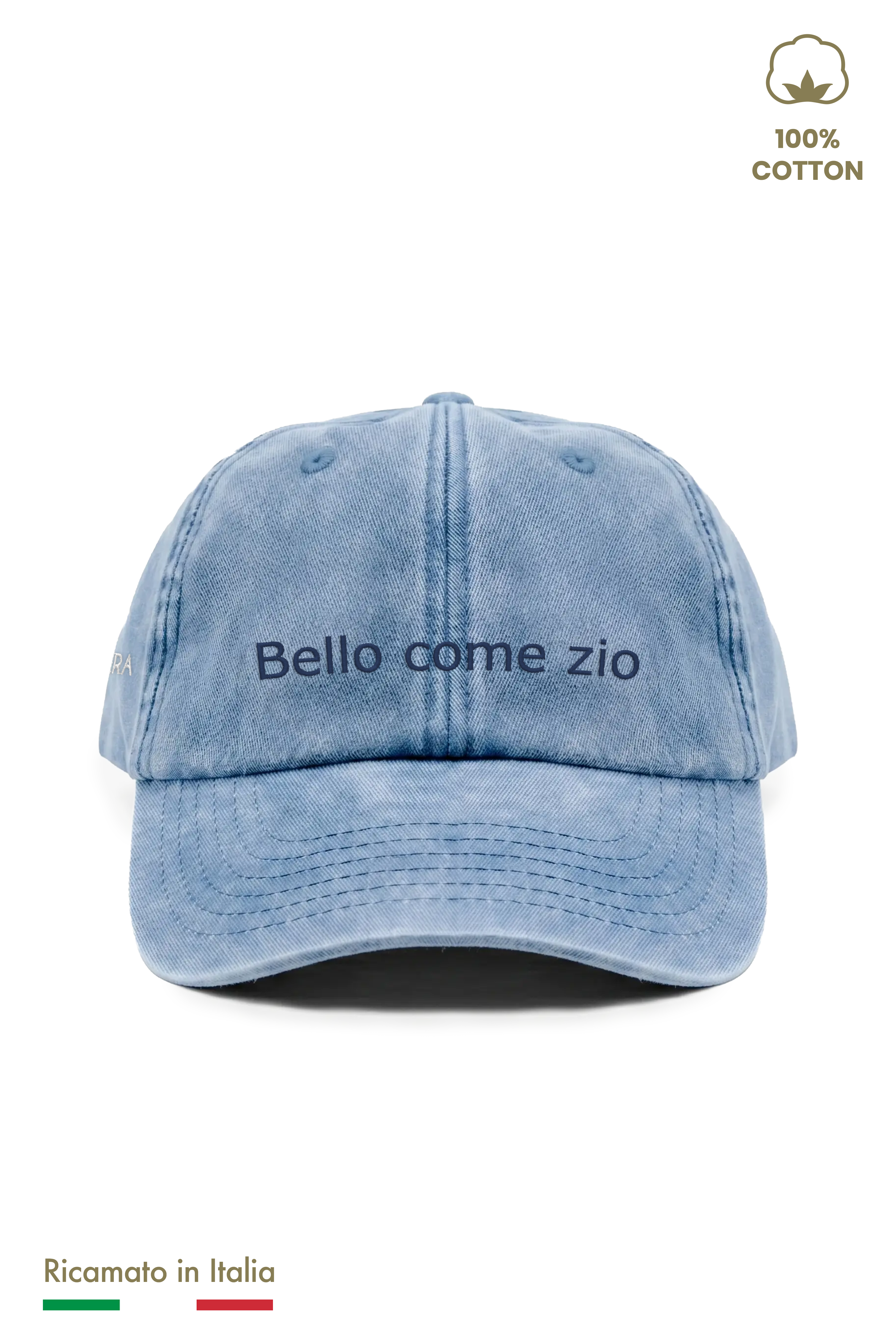 Cappellino vintage azzurro denim con ricamo blu scuro "Bello come zio", vista frontale