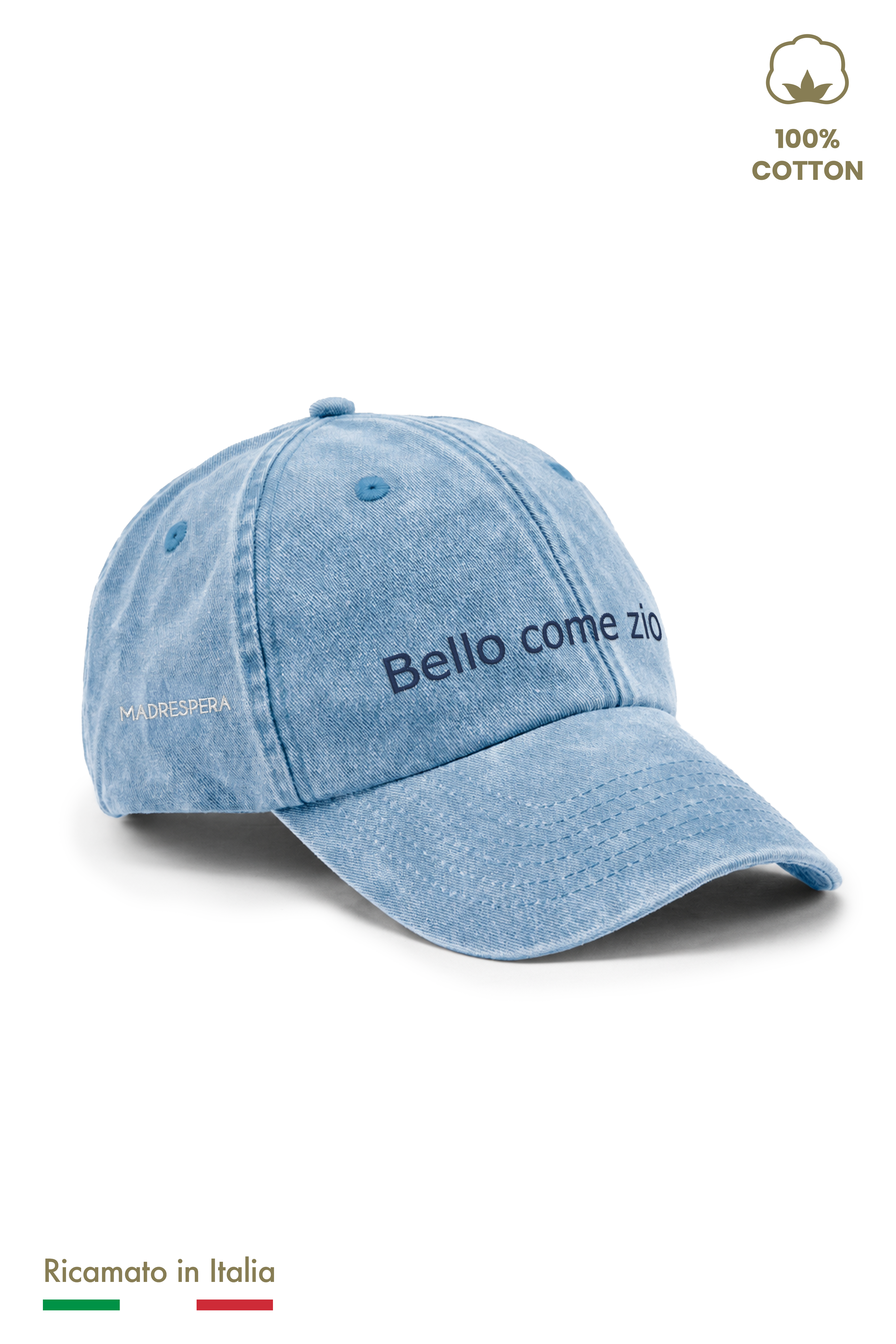 Cappellino vintage azzurro denim con ricamo blu scuro "Bello come zio", vista laterale