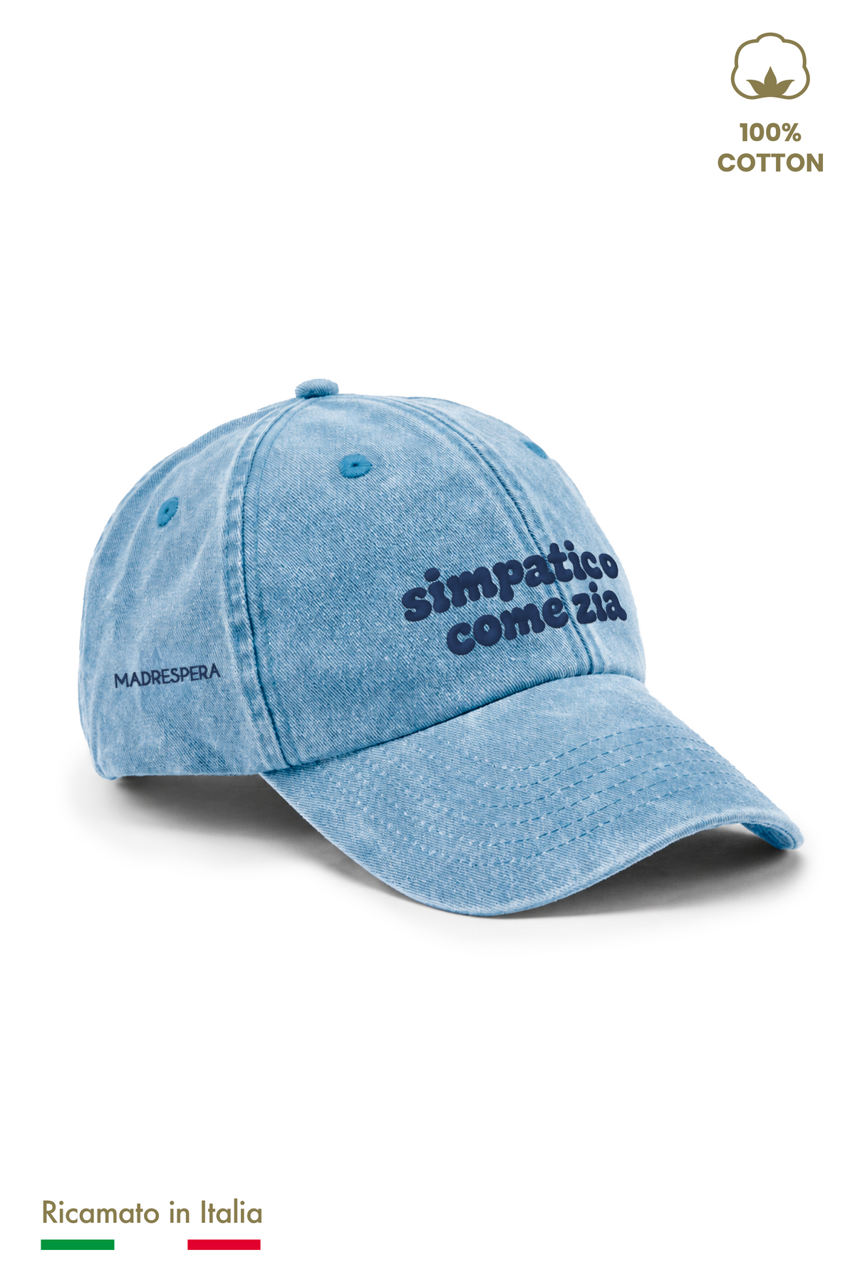 Cappellino vintage bambino azzurro denim con ricamo blu scuro "simpatico come zia" - vista laterale con logo MADRESPERA