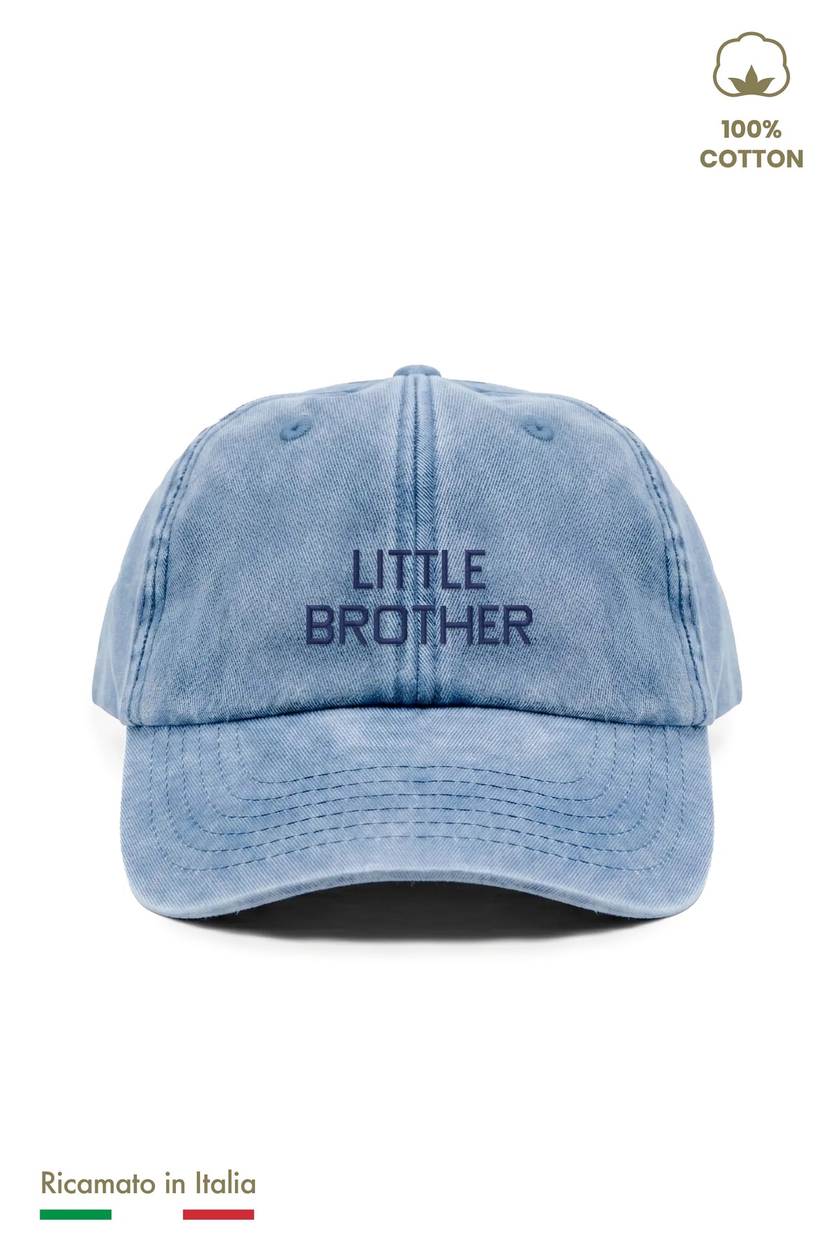 Cappellino vintage bambino azzurro denim con ricamo LITTLE BROTHER blu scuro, vista frontale