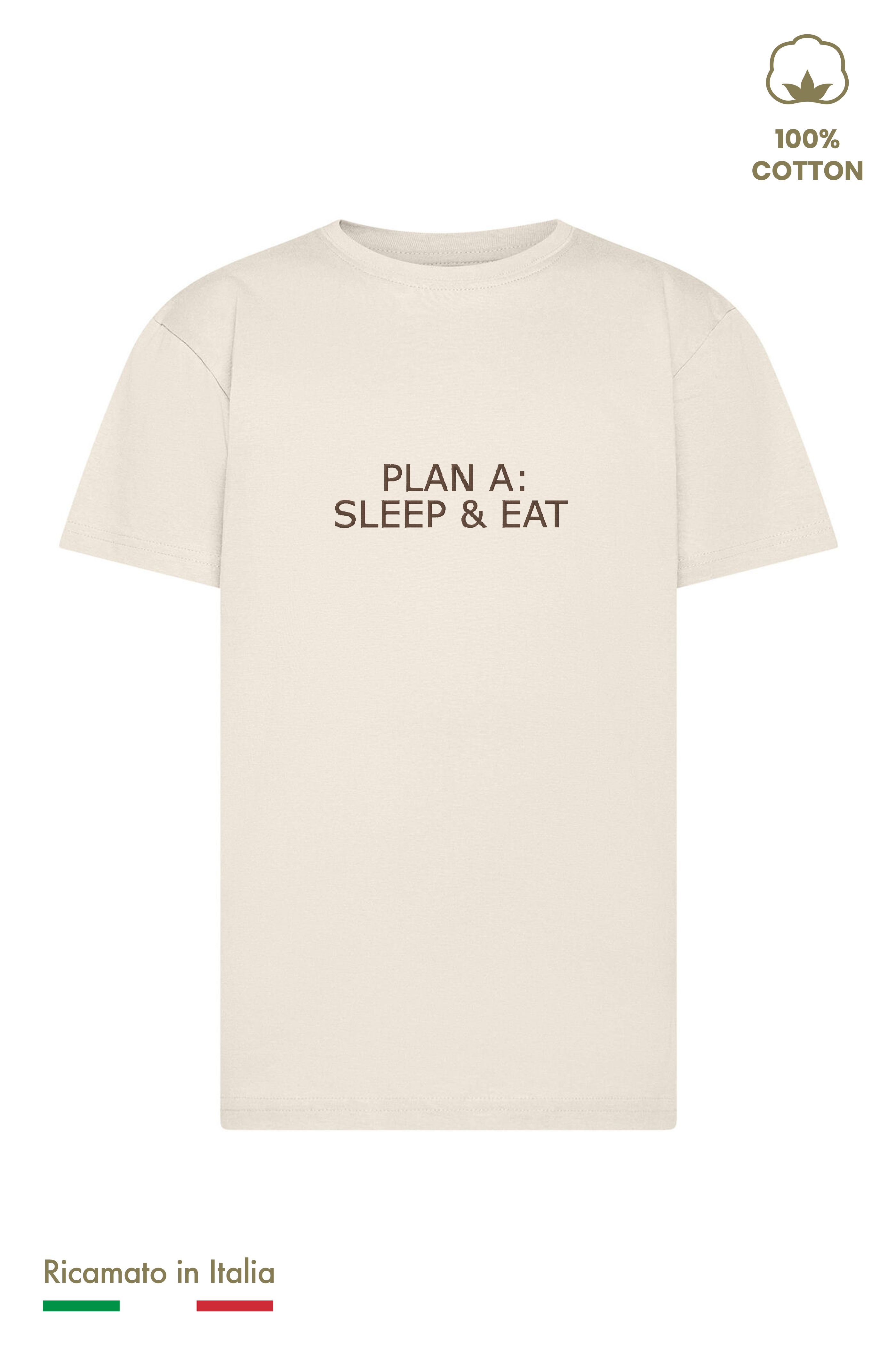 T-shirt bambino beige con ricamo Plan A: Sleep & Eat in filo marrone