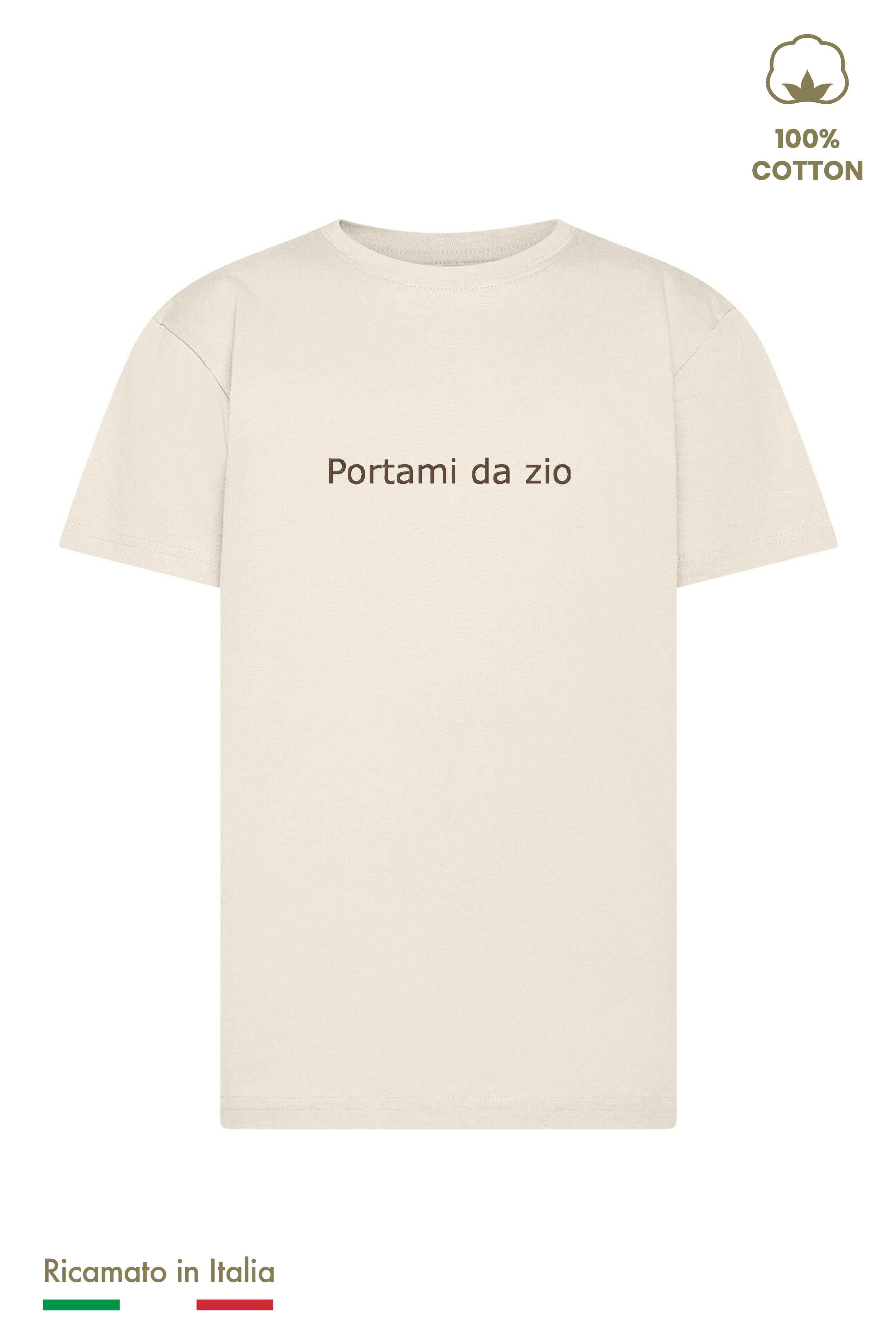 T-shirt bambino beige con ricamo "Portami da zio" in filo marrone, vista frontale