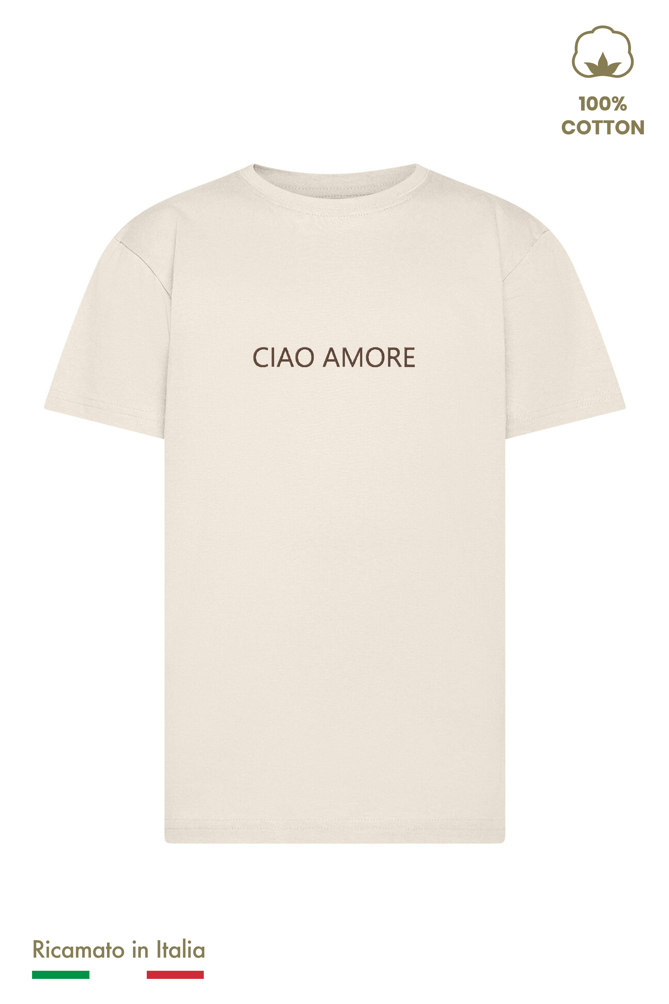 T-shirt ricamata bambino beige con scritta Ciao Amore ricamata in filo marrone scuro, vista frontale