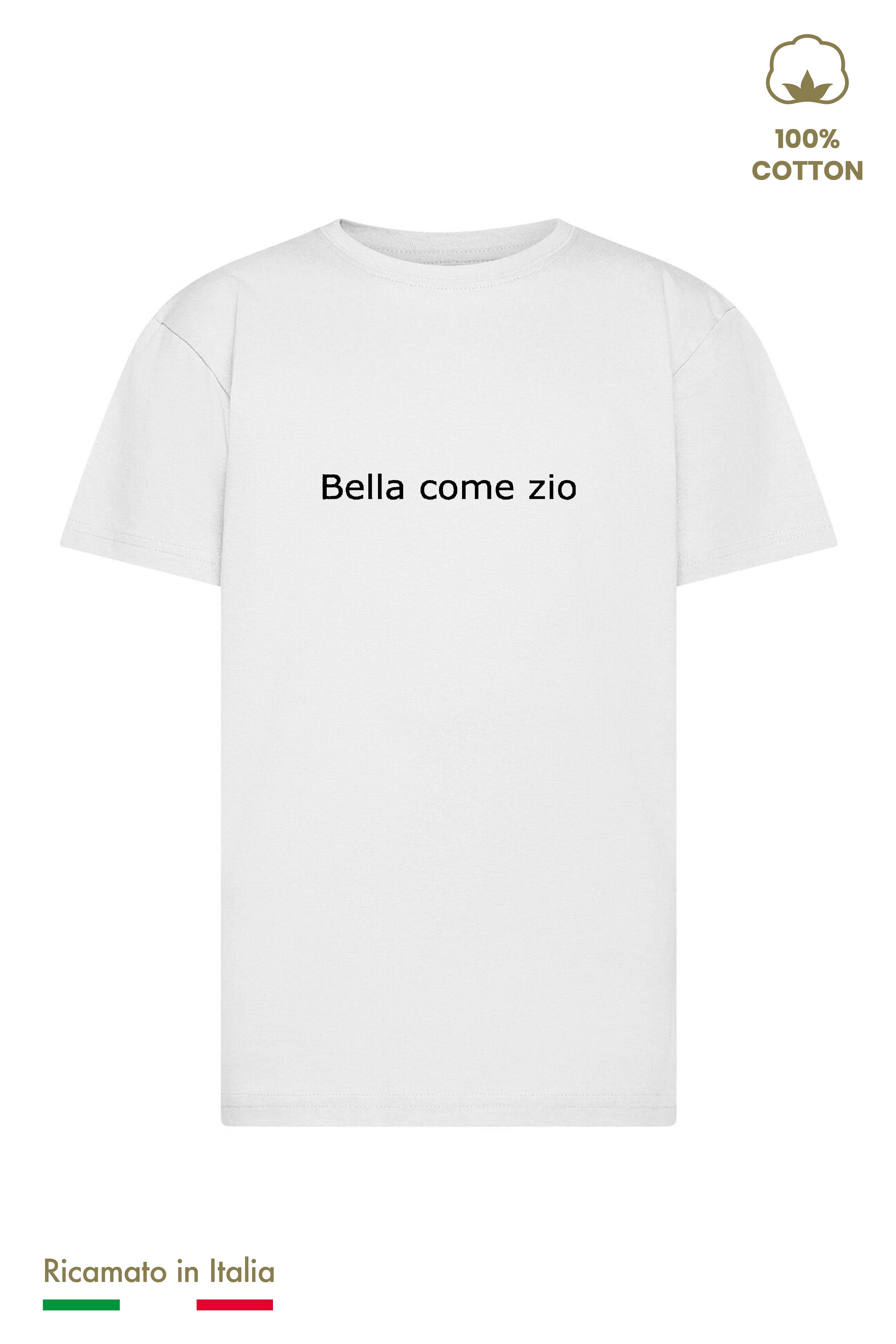 T-shirt bambina bianca con ricamo nero "Bella come zio", 100% cotone, vista frontale