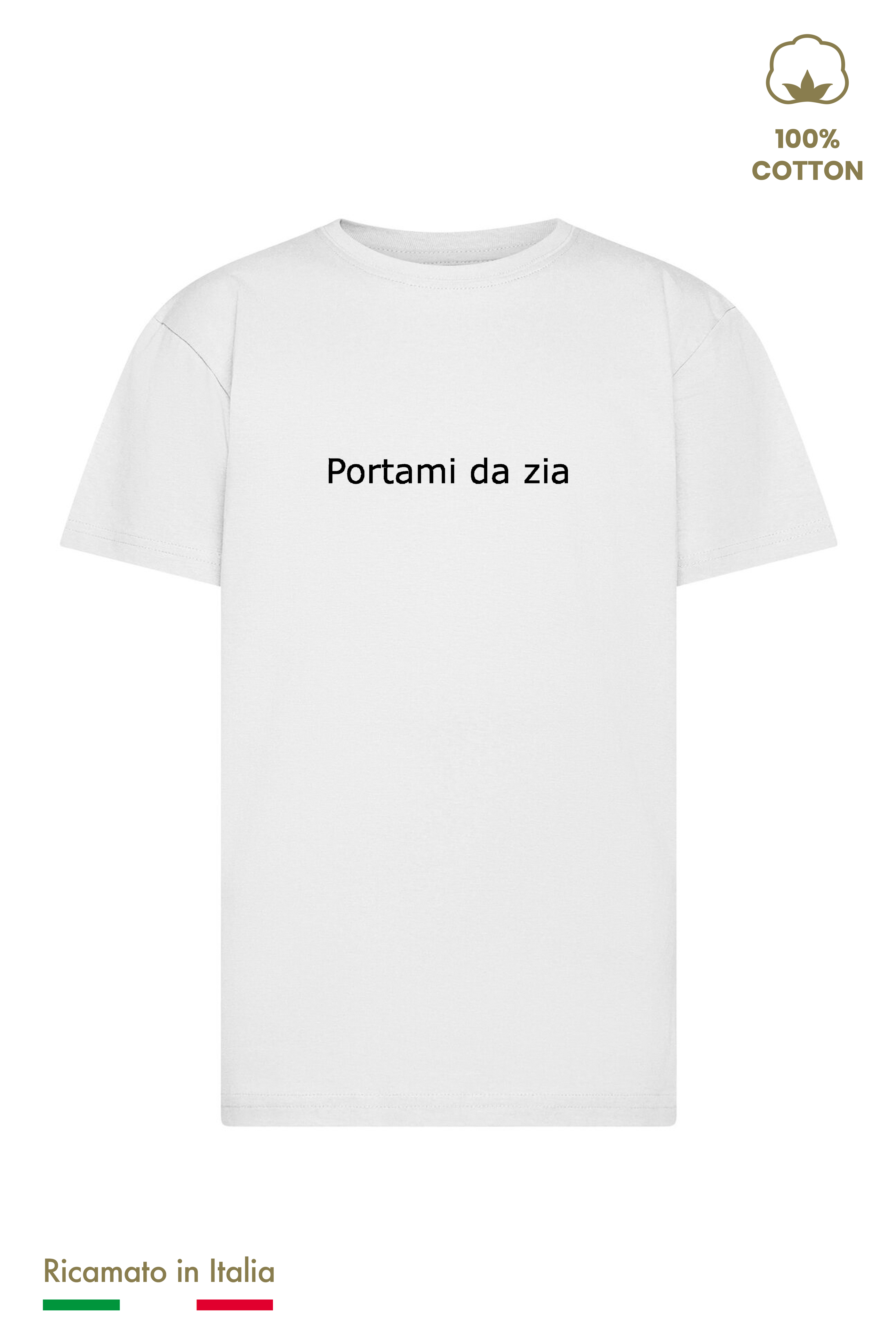 T-shirt ricamata bambino bianca con scritta Portami da zia, ricamo nero, vista frontale