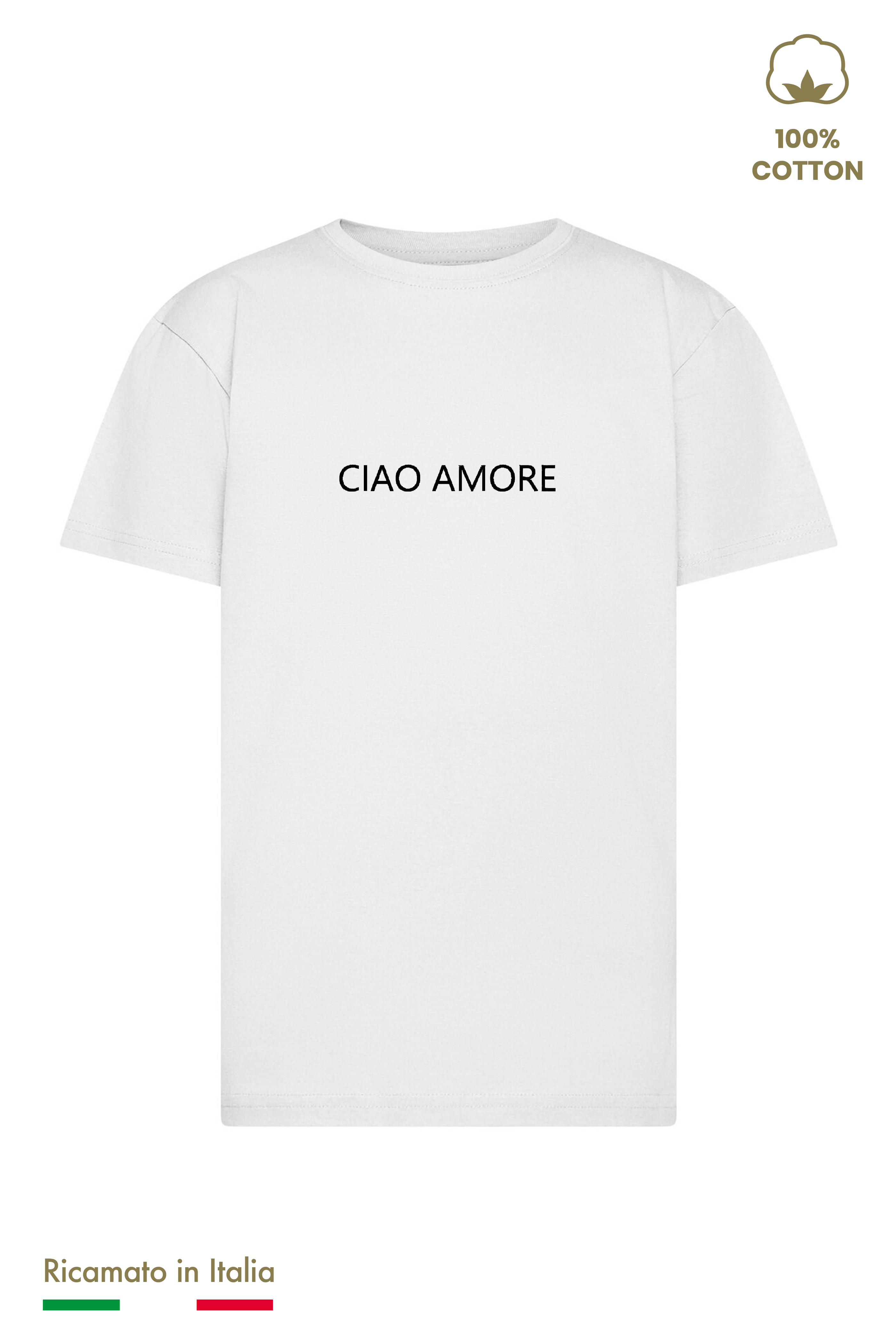 T-shirt ricamata bambino bianca con scritta Ciao Amore ricamata in filo nero, vista frontale
