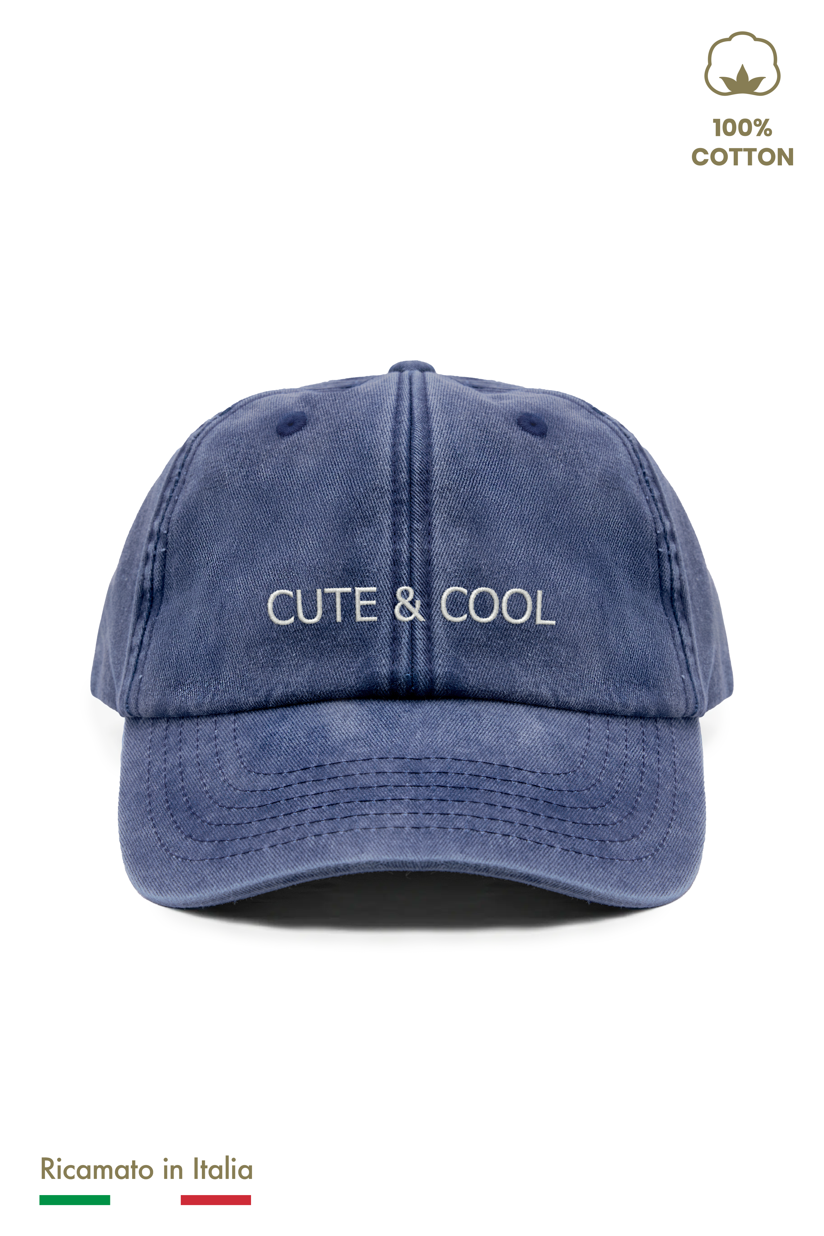 Cappellino vintage blu navy per bambino con ricamo Cute & Cool, vista frontale