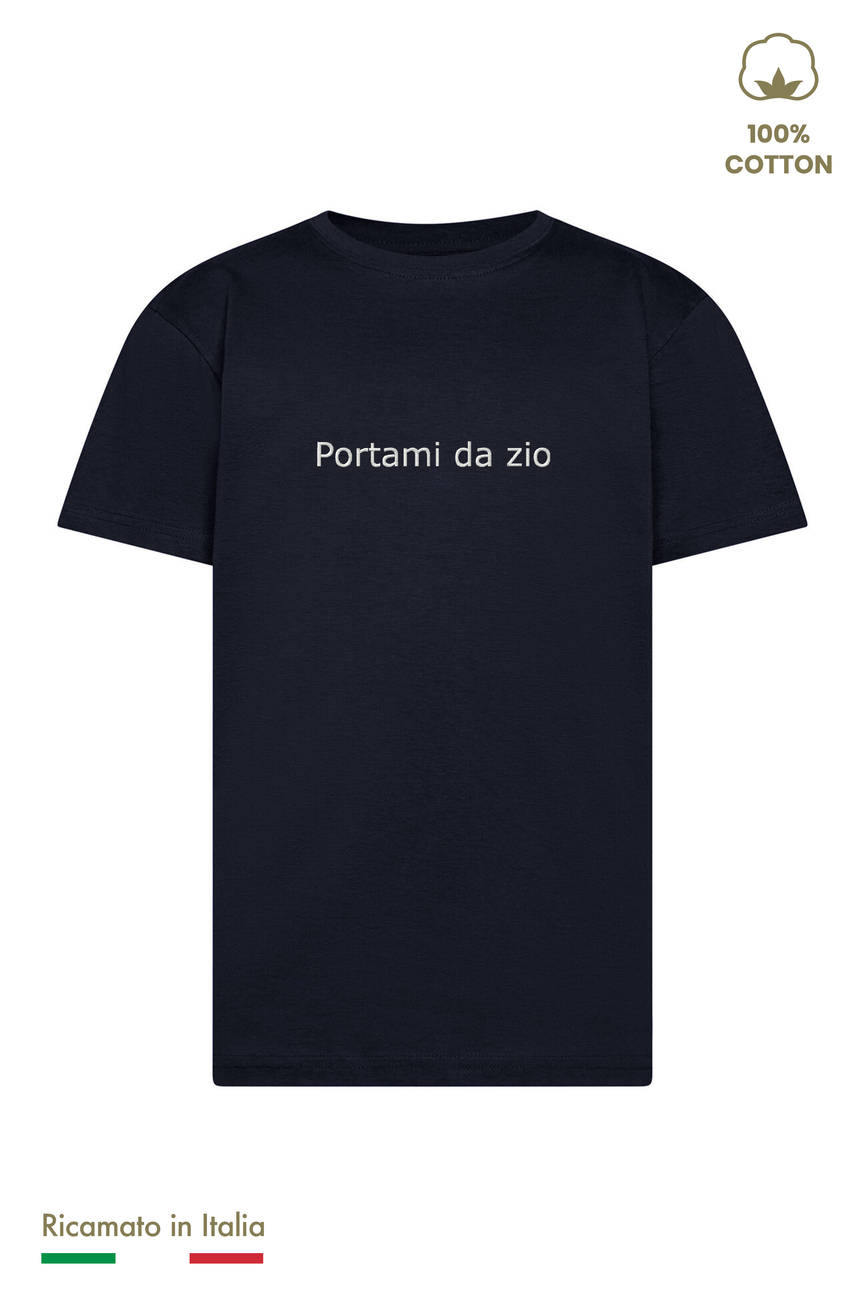 T-shirt bambino blu navy con ricamo "Portami da zio" in filo panna, vista frontale