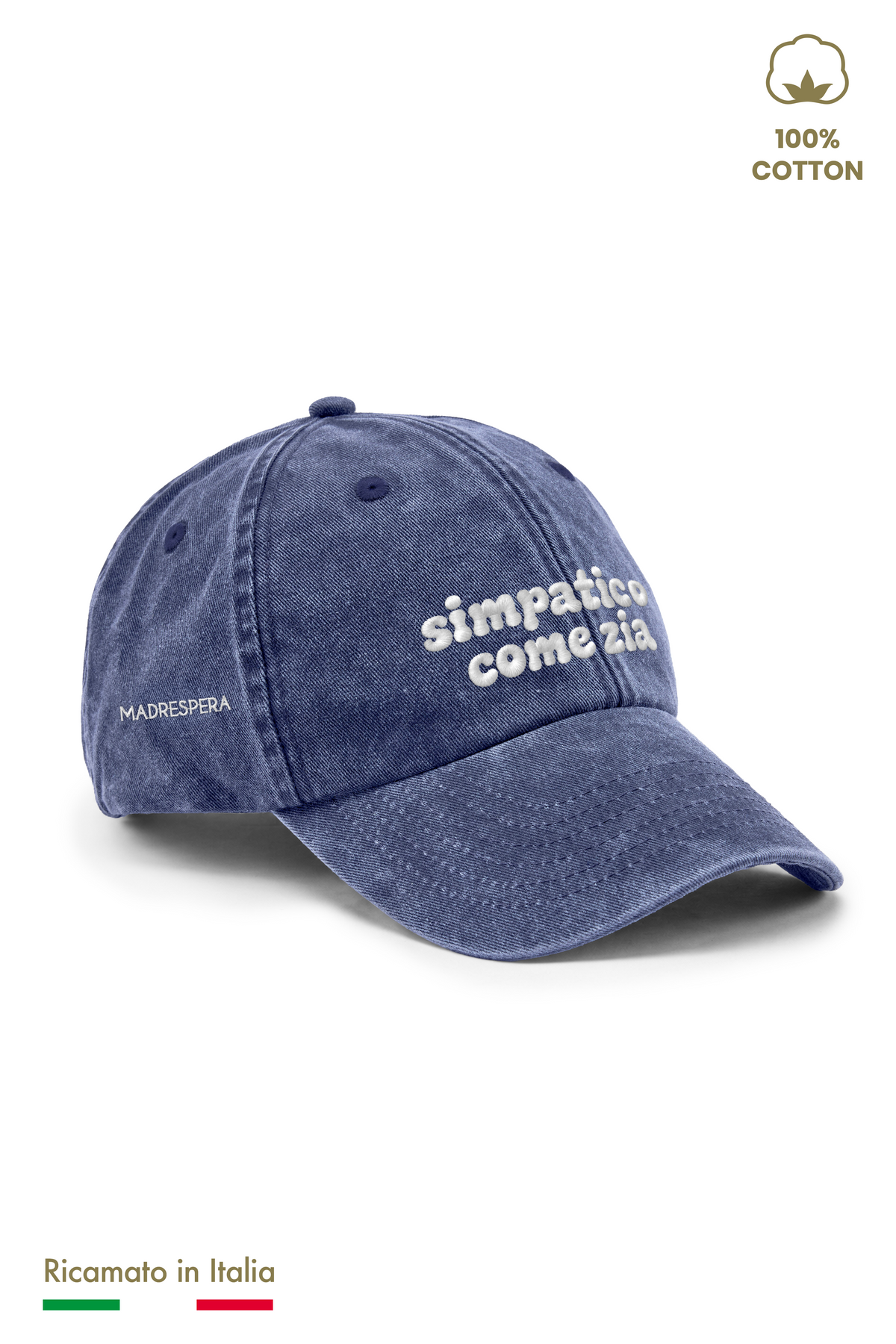 Cappellino vintage bambino blu navy con ricamo panna "simpatico come zia" - vista laterale con logo MADRESPERA