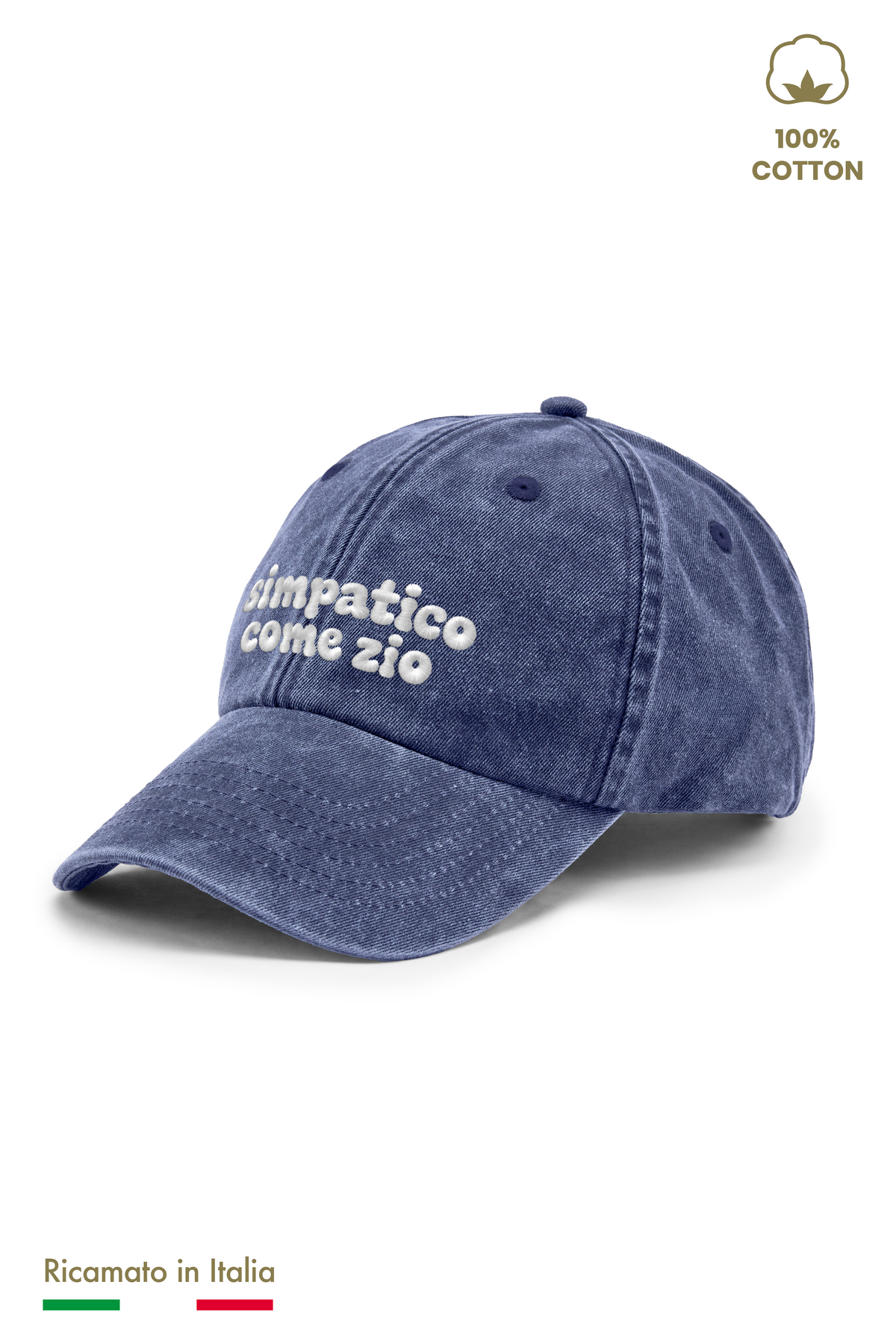 Cappellino vintage bambino blu navy con ricamo panna "simpatico come zio" - vista laterale