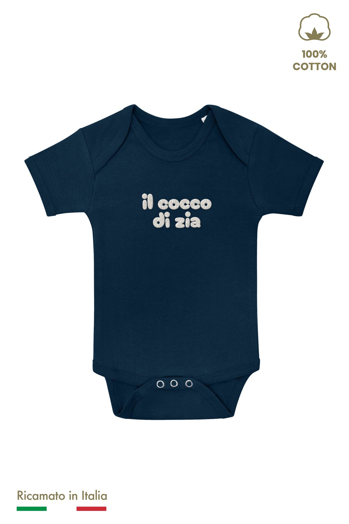 Body neonato blu navy con ricamo panna "il cocco di zia", vista frontale