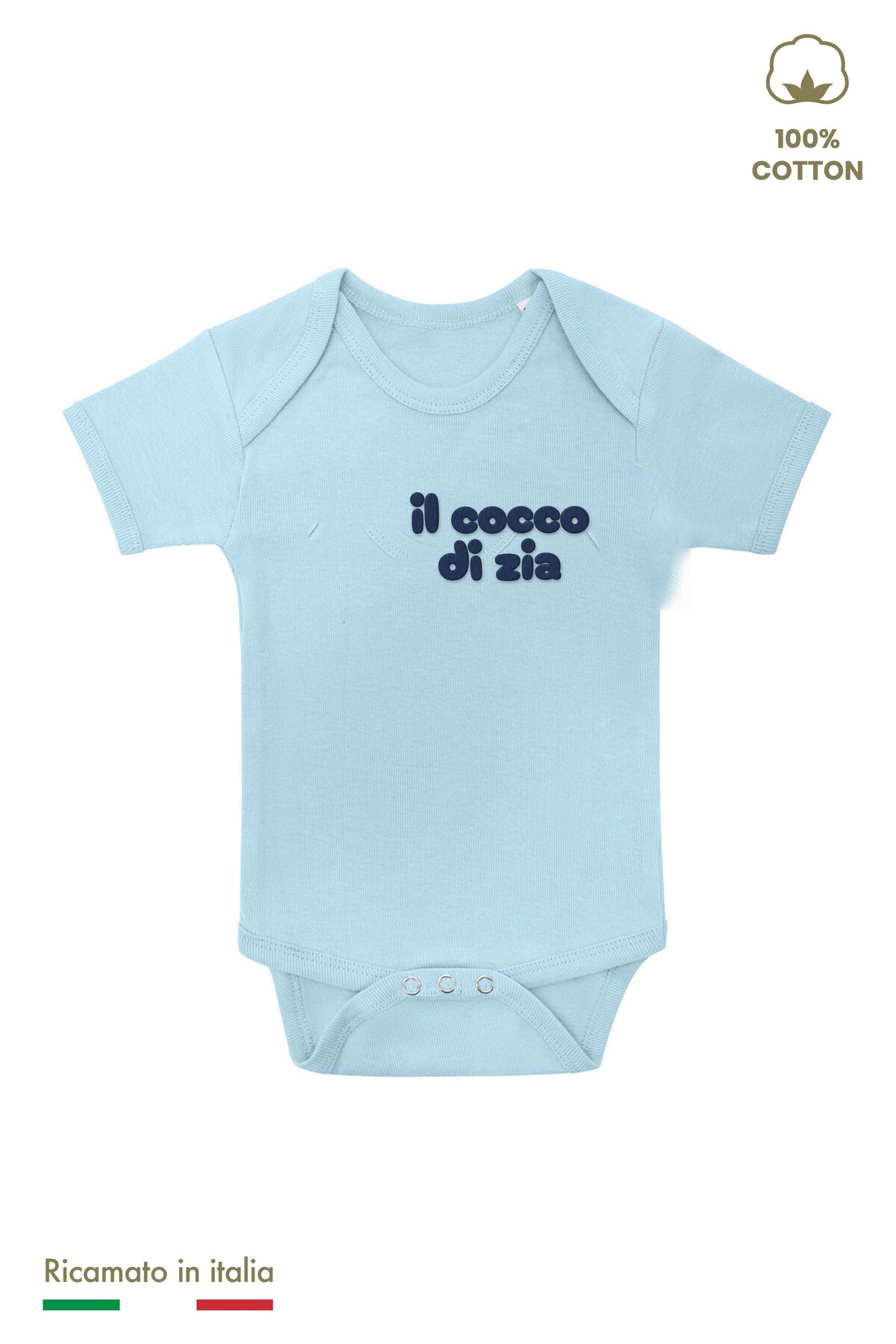 Body neonato azzurro polvere con ricamo blu navy "il cocco di zia", vista frontale