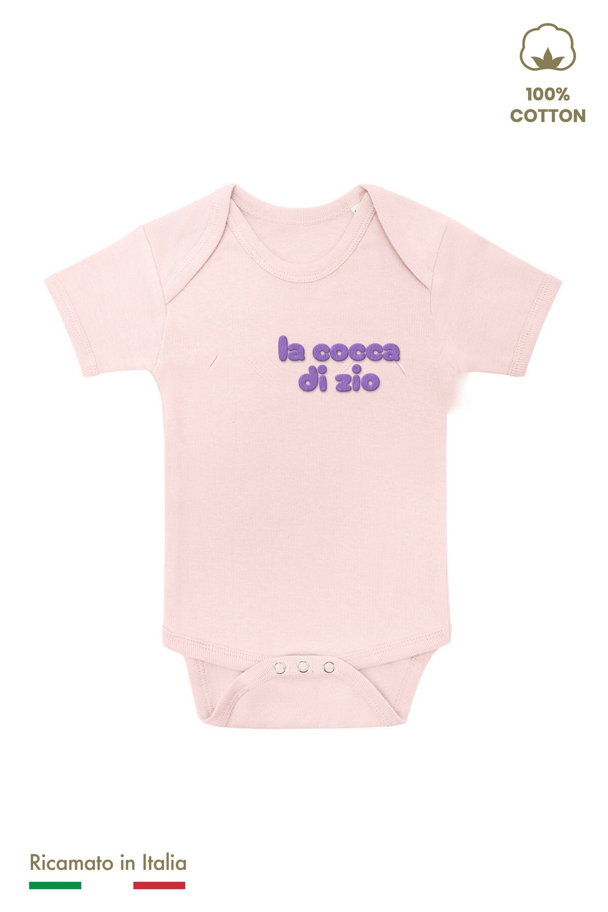 Body neonata rosa con ricamo lilla "la cocca di zio", vista frontale
