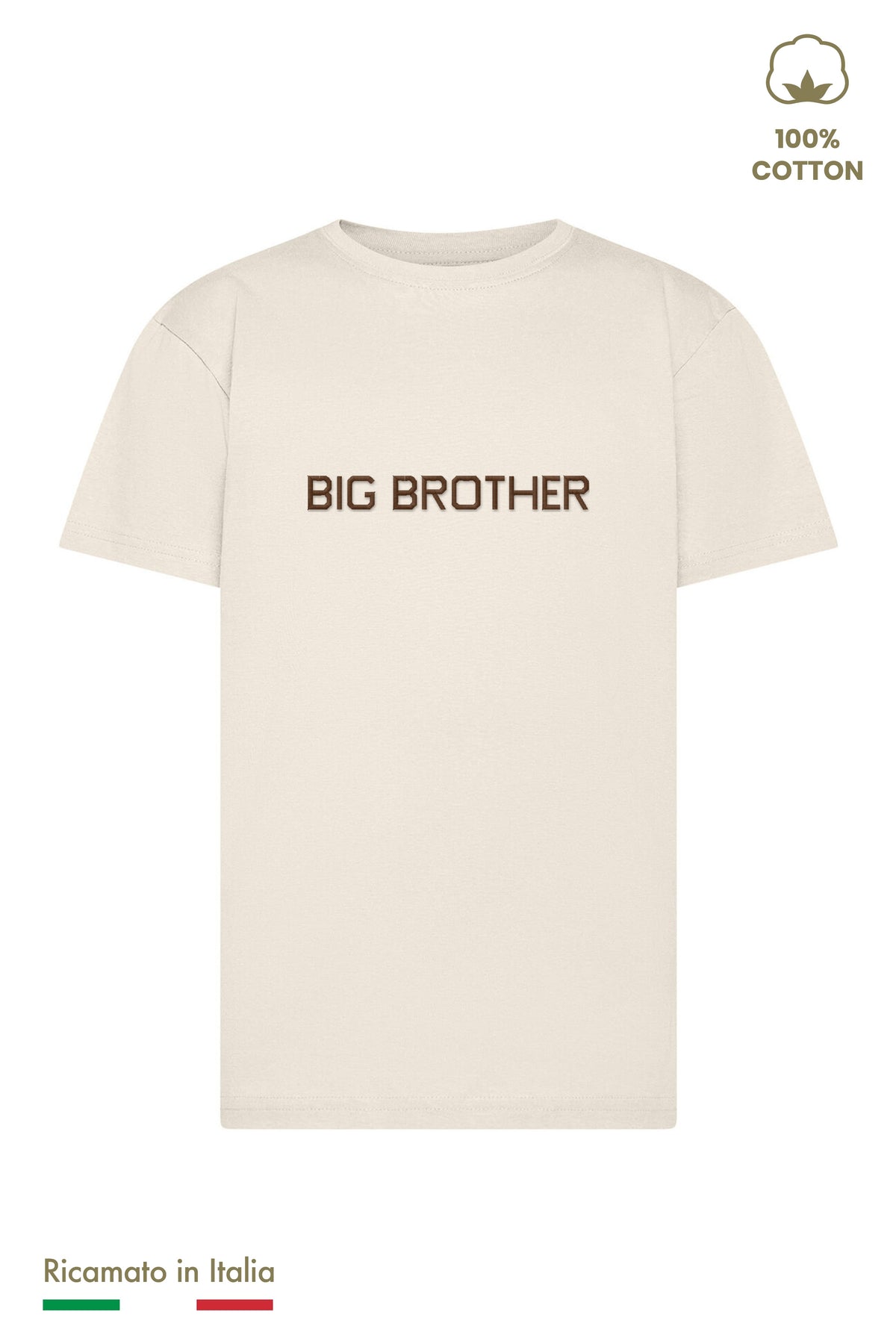 T-shirt bambino beige con ricamo BIG BROTHER marrone, vista frontale
