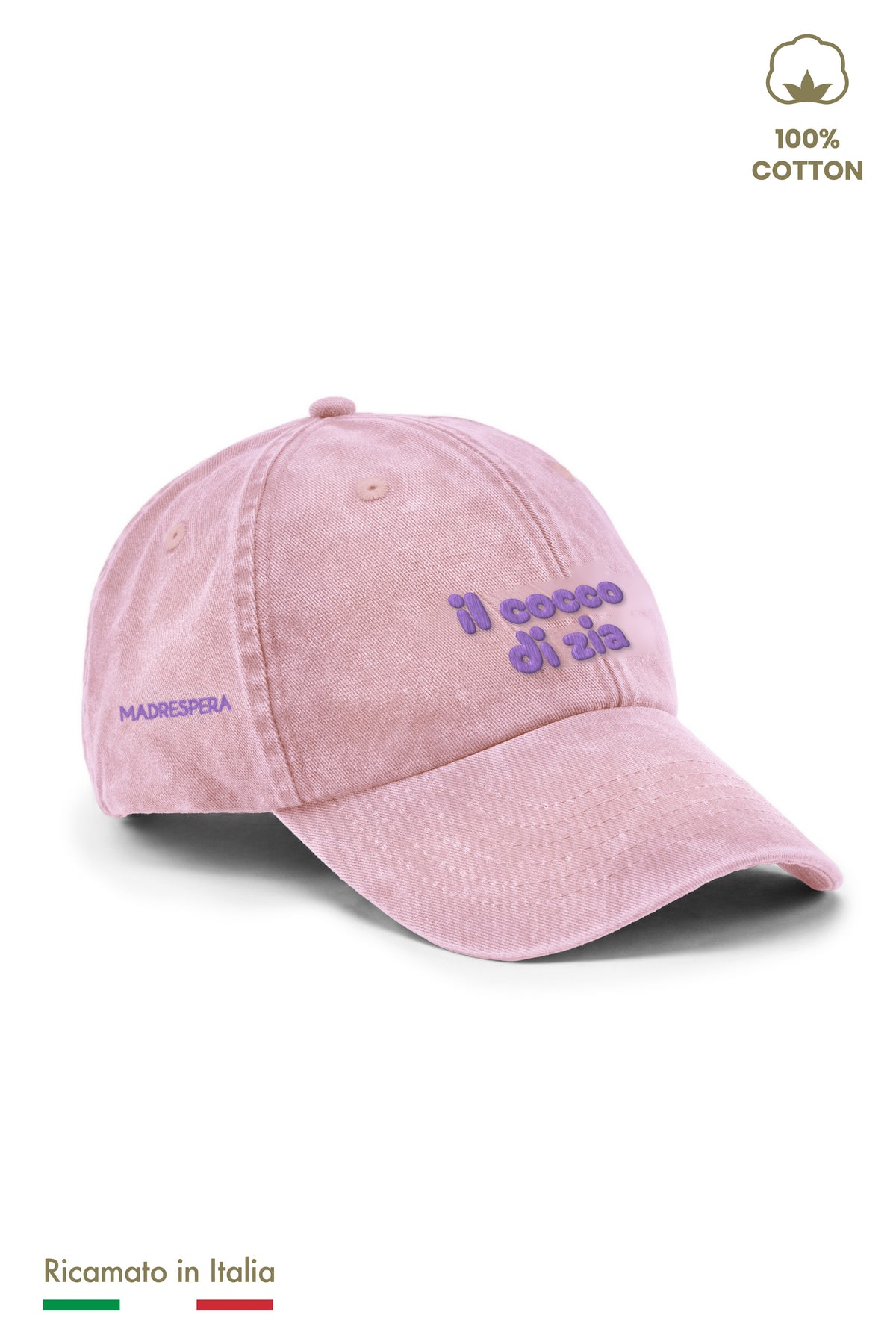 Cappellino vintage bambino rosa con ricamo e logo lilla "il cocco di zia" - vista laterale con logo MADRESPERA