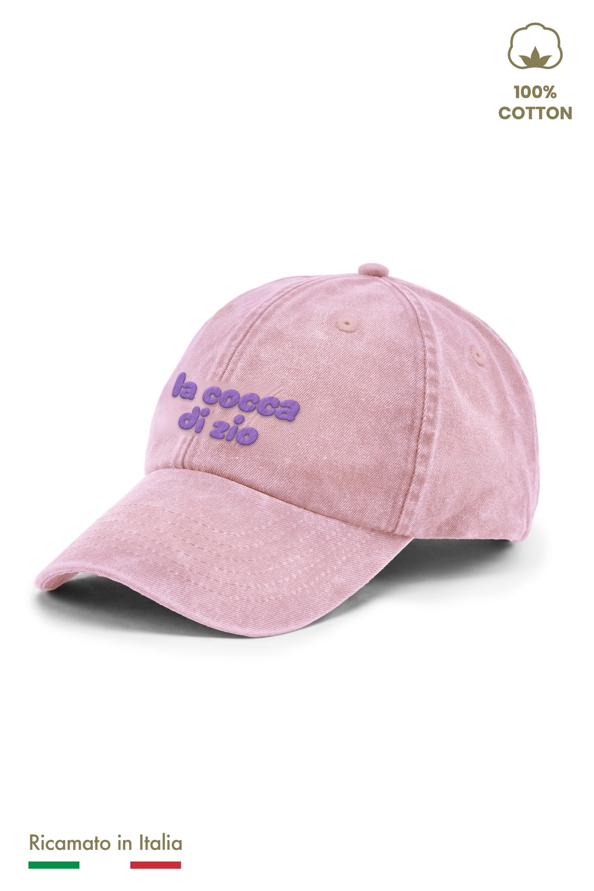 Cappellino vintage bambina rosa con ricamo e logo lilla "la cocca di zio" - vista laterale