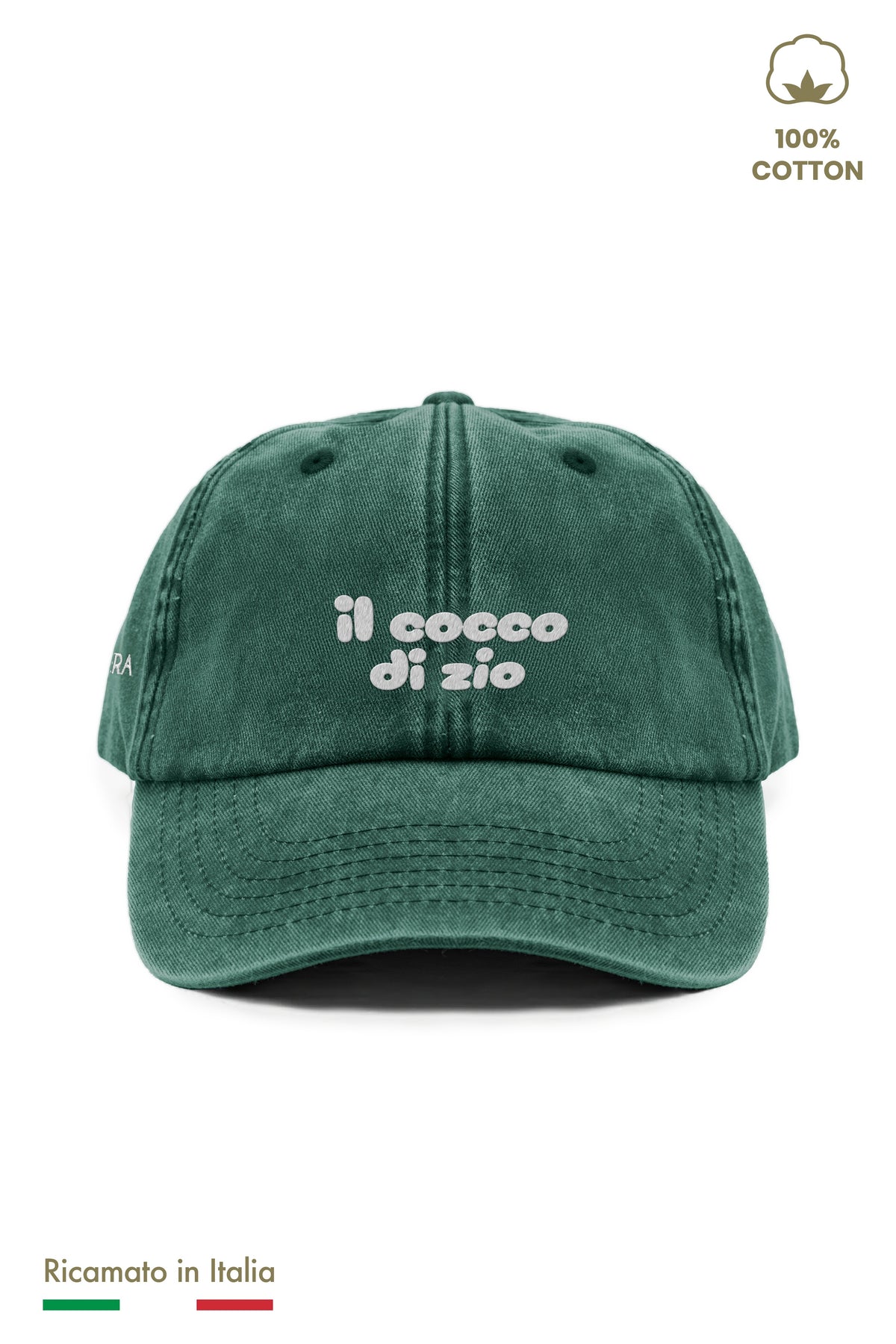 Cappellino vintage bambino verde con ricamo panna "il cocco di zio" - vista frontale