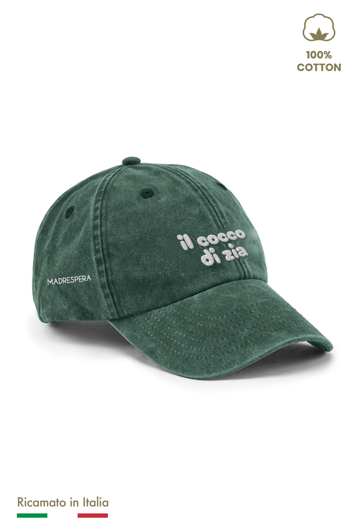 Cappellino vintage bambino verde con ricamo panna "il cocco di zia" - vista laterale con logo MADRESPERA