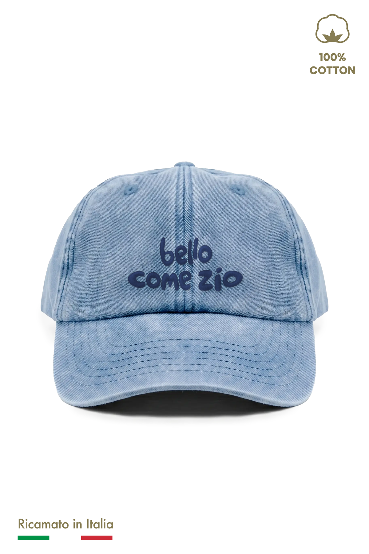 Cappellino vintage bambino azzurro denim con ricamo blu scuro "bello come zio" - vista frontale