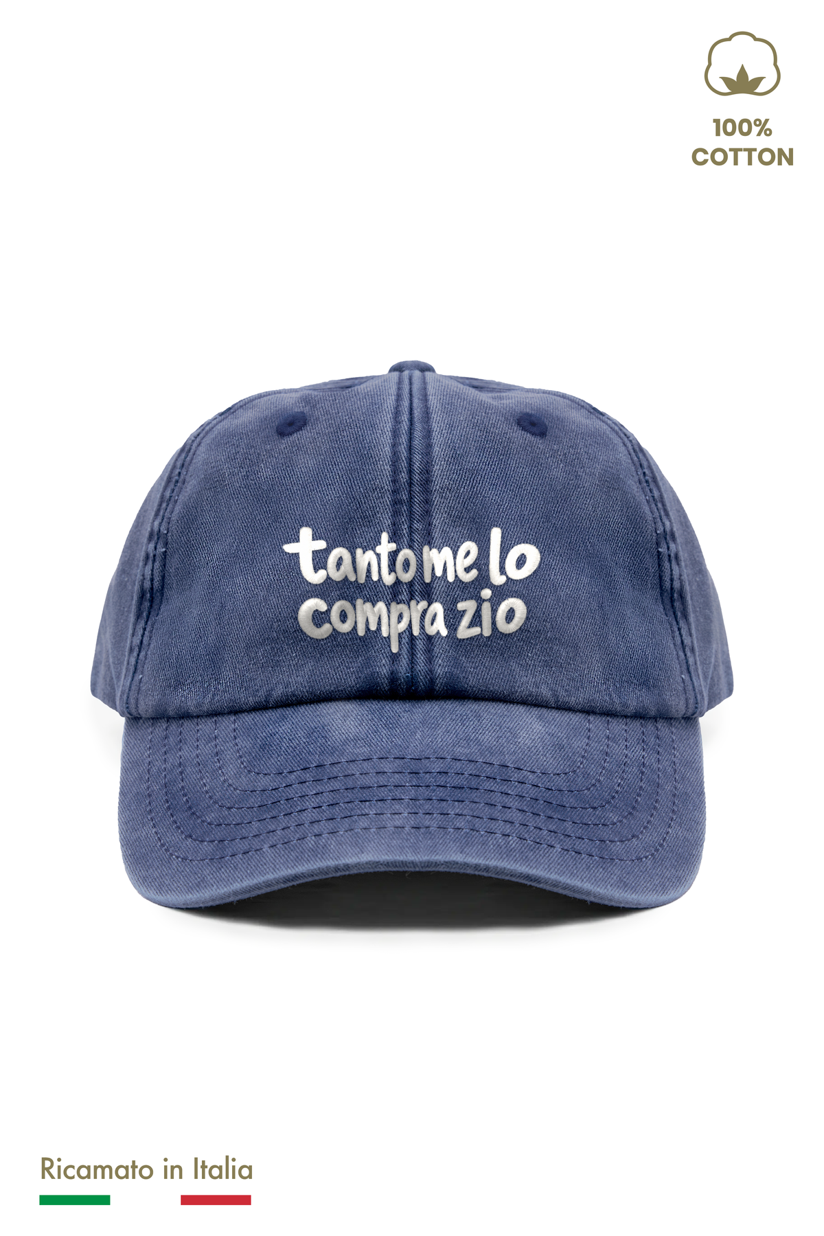 Cappellino vintage bambino blu navy con ricamo panna "tanto me lo compra zio" - vista frontale