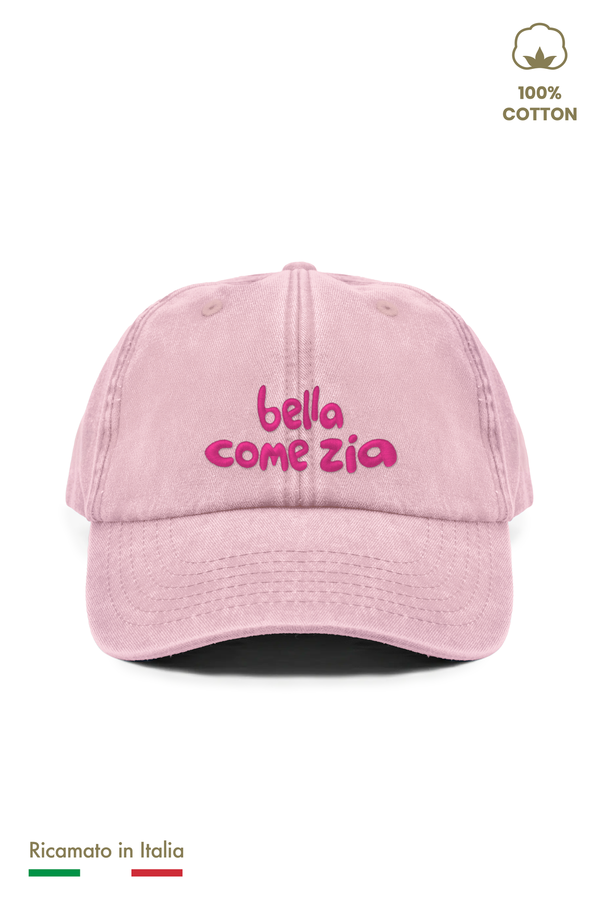 Cappellino vintage bambina rosa con ricamo fucsia "bella come zia" - vista frontale
